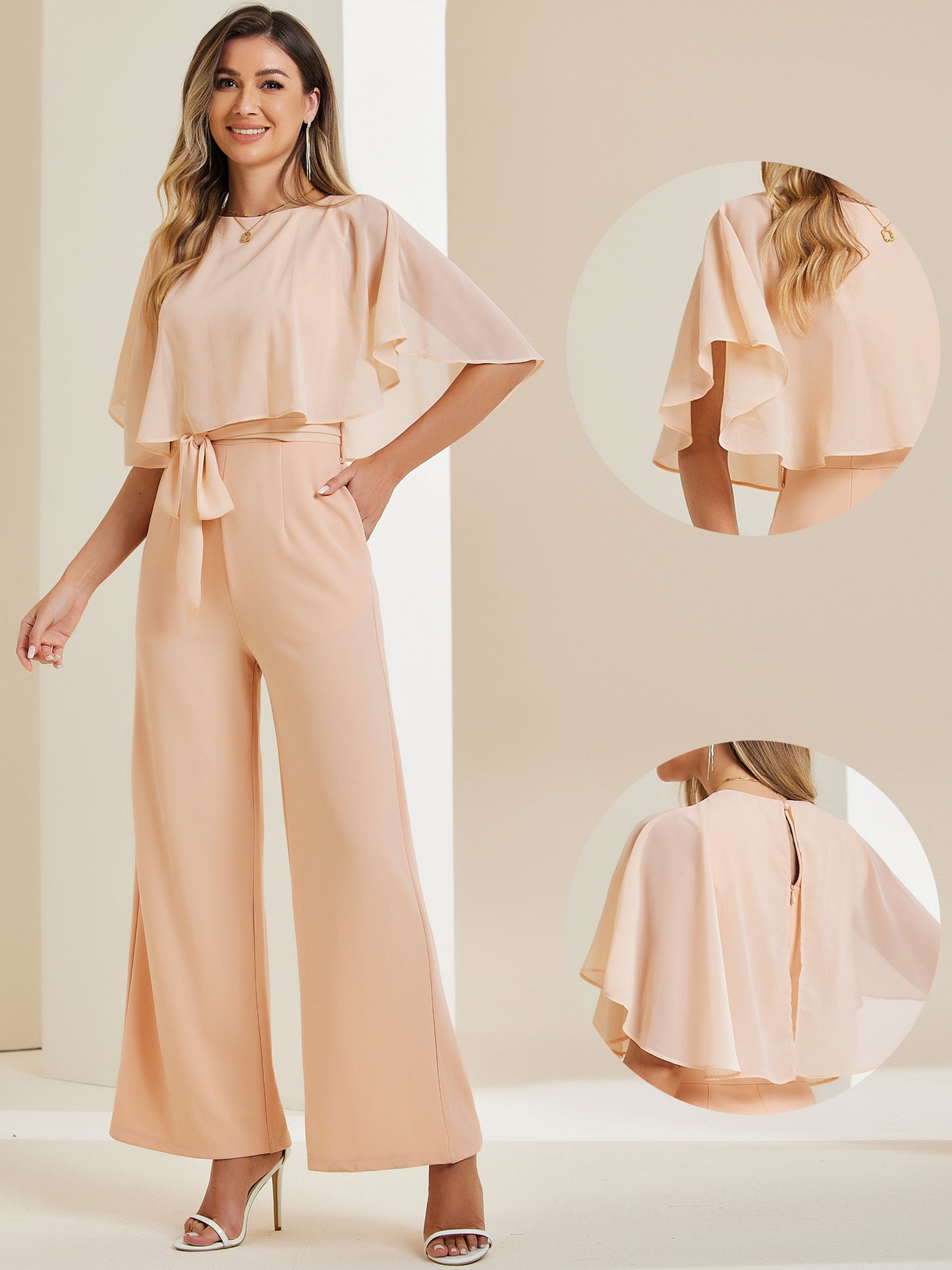 Women's Dressy Casual Tie Waist Wide Leg Pants Ruffle Sleeve Jumpsuit
