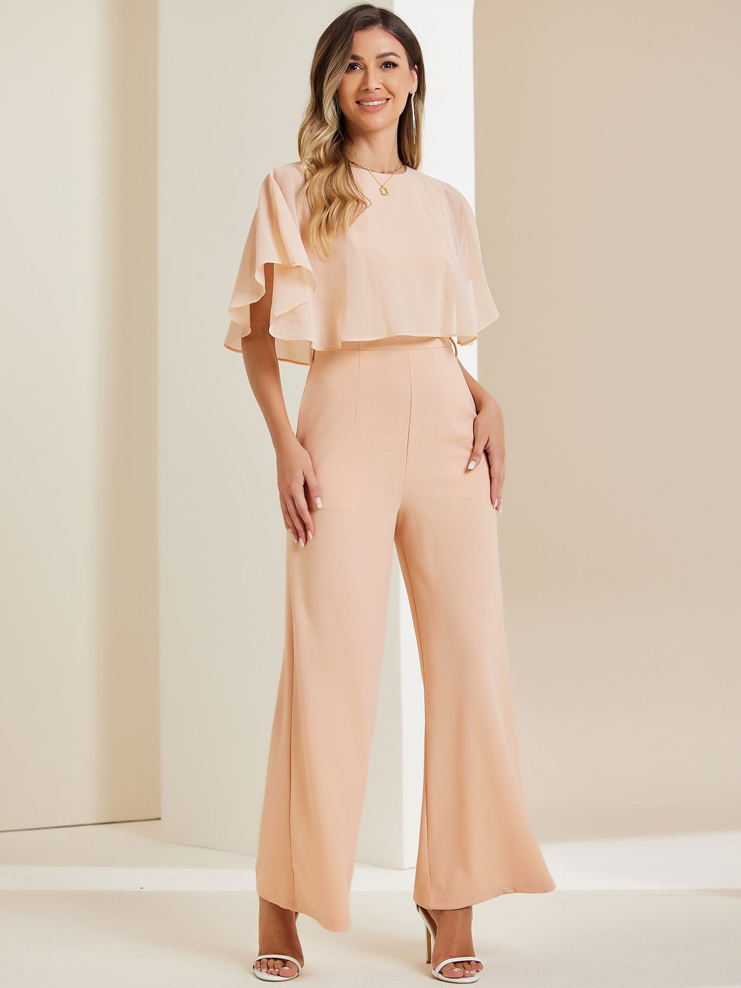 Women's Dressy Casual Tie Waist Wide Leg Pants Ruffle Sleeve Jumpsuit