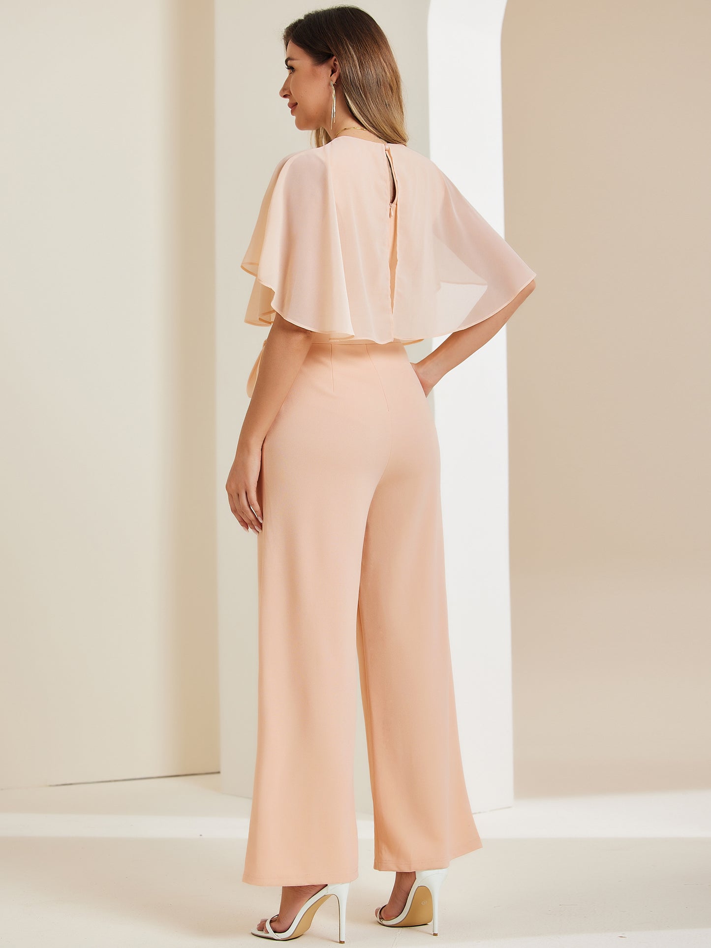 Women's Dressy Casual Tie Waist Wide Leg Pants Ruffle Sleeve Jumpsuit