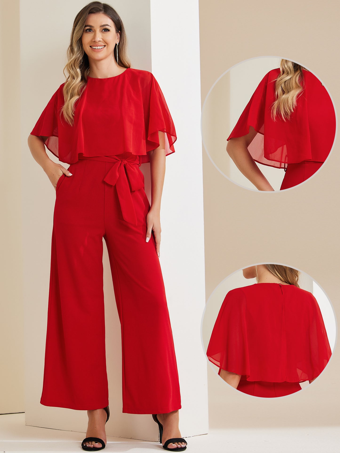 Women's Dressy Casual Tie Waist Wide Leg Pants Ruffle Sleeve Jumpsuit (Available in Plus Size)