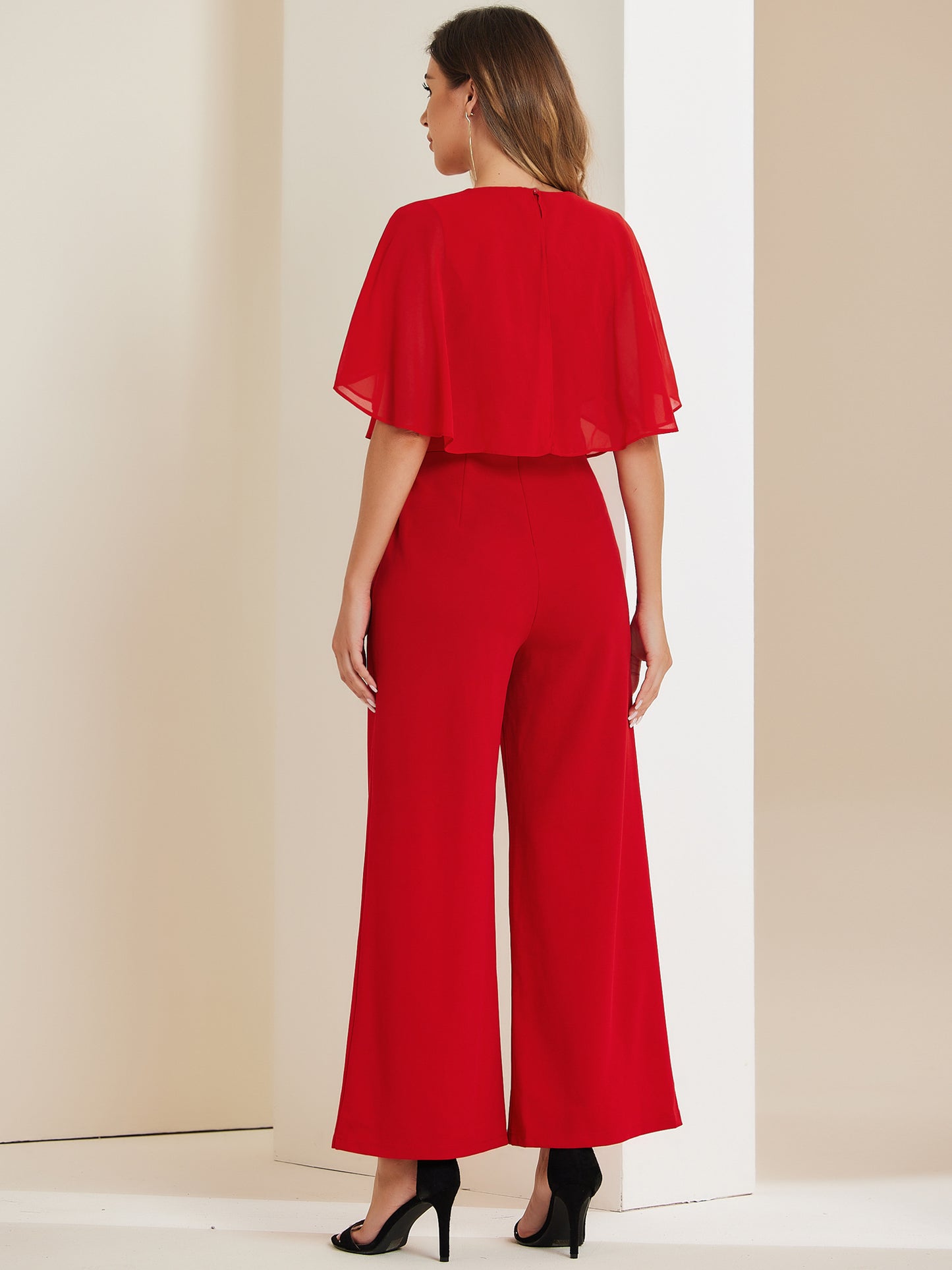 Women's Dressy Casual Tie Waist Wide Leg Pants Ruffle Sleeve Jumpsuit (Available in Plus Size)