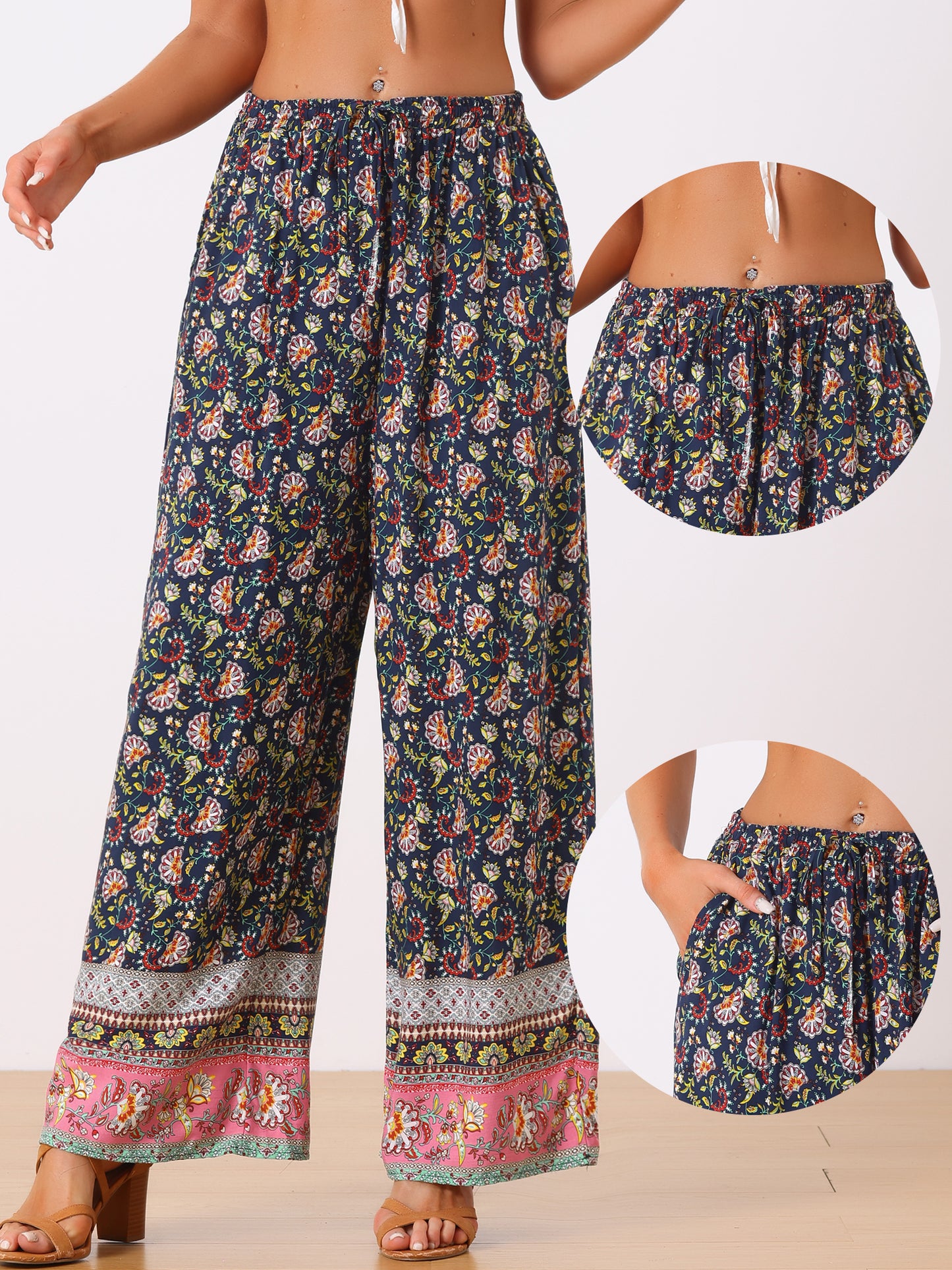 Women's Boho Floral Pants Drawstring Waist Beach Wide Leg Pants with Pockets