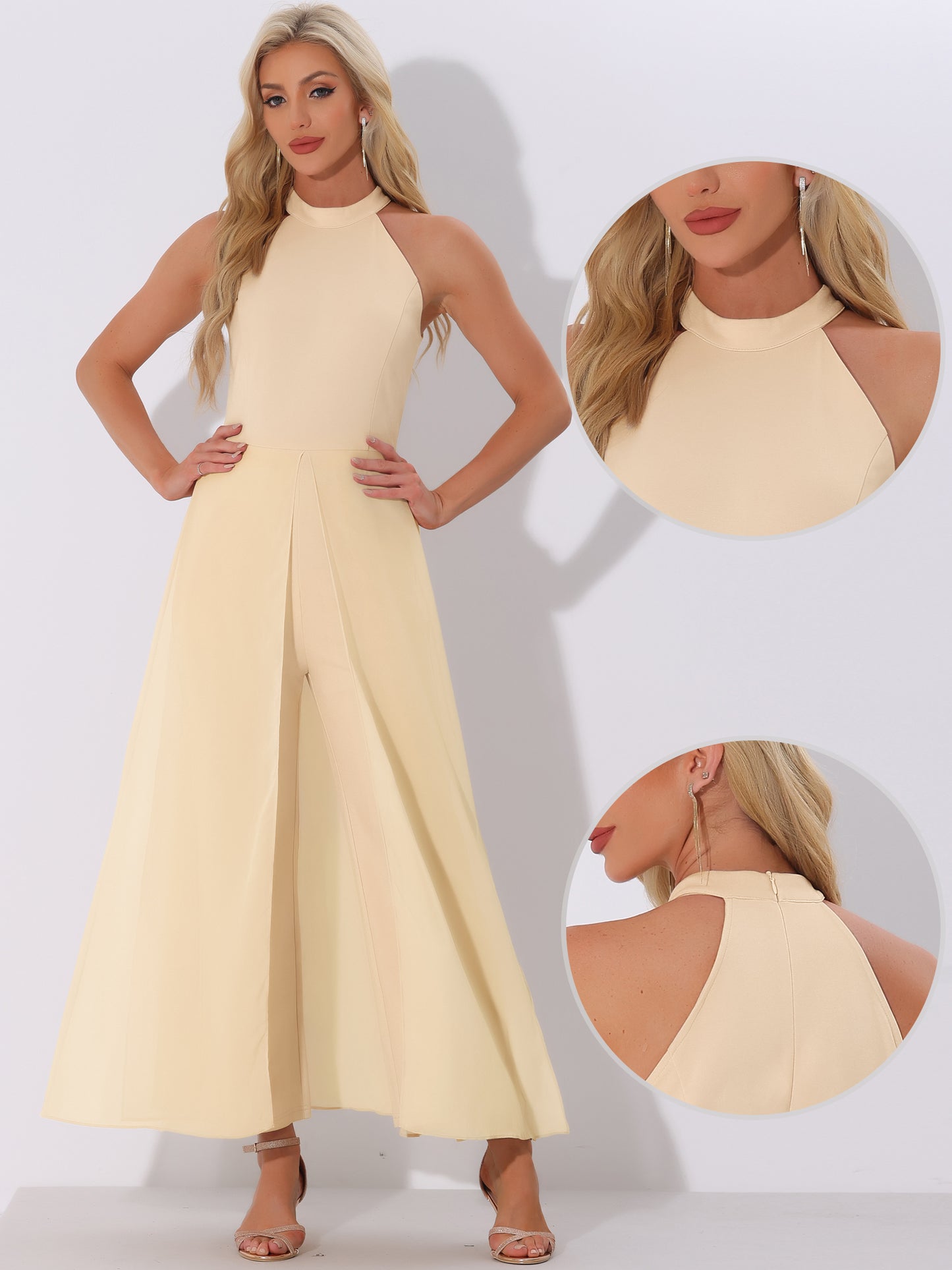 Women's Summer Sleeveless Halter Neck Wedding Chiffon Wide Leg Dressy Elegant Jumpsuit