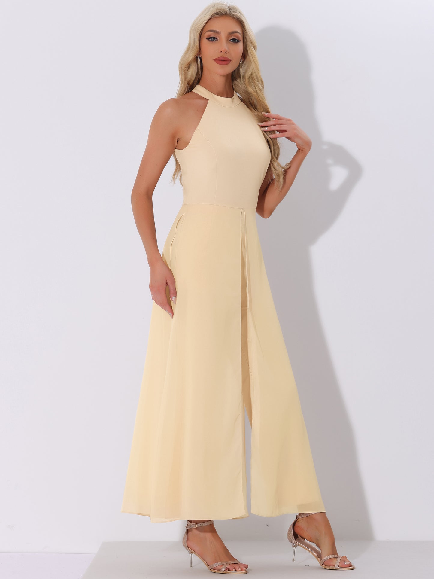 Women's Summer Sleeveless Halter Neck Wedding Chiffon Wide Leg Dressy Elegant Jumpsuit