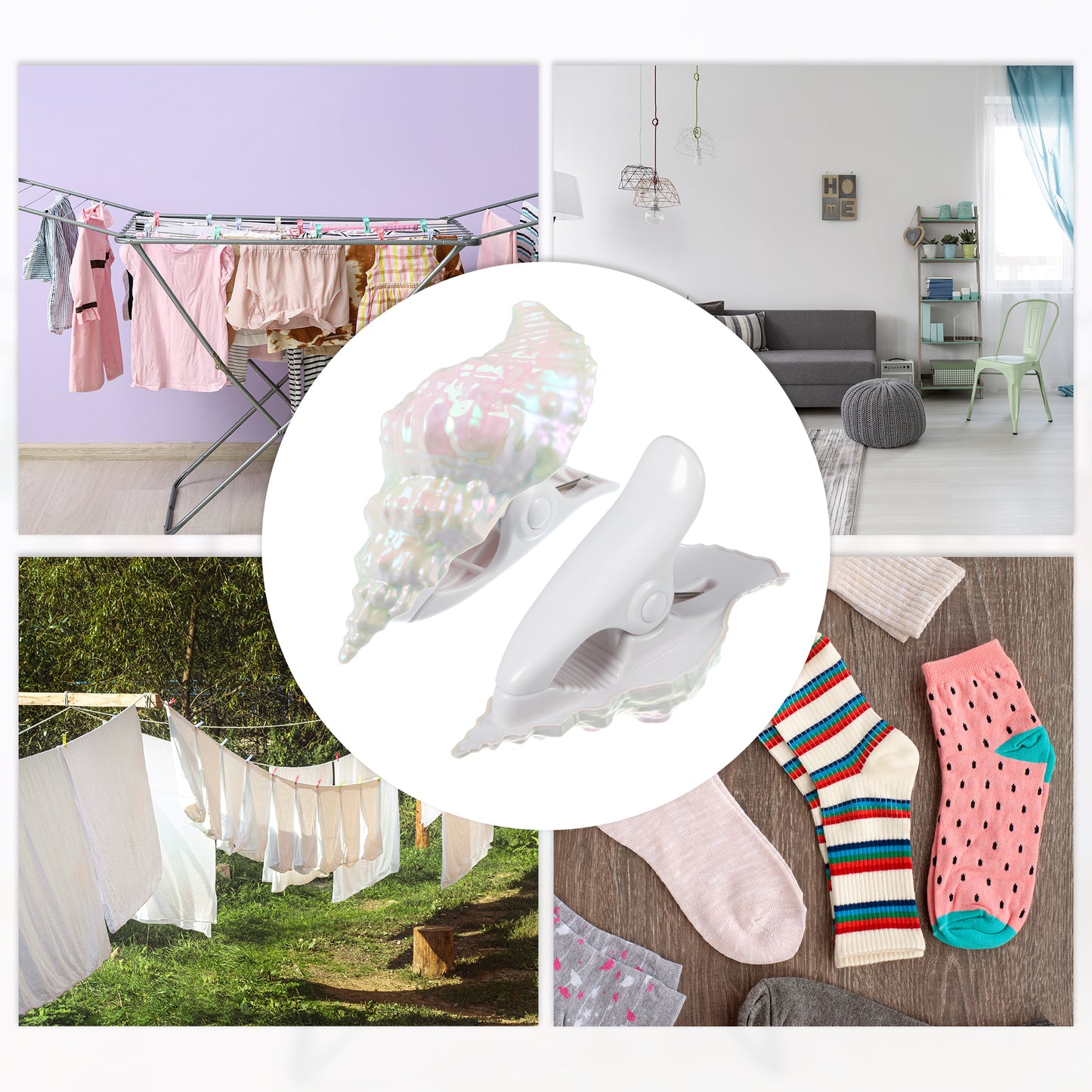 Conch ABS Metal Clothespins for Clothes 4.65"x3.15"x2.20" 4 Pcs White