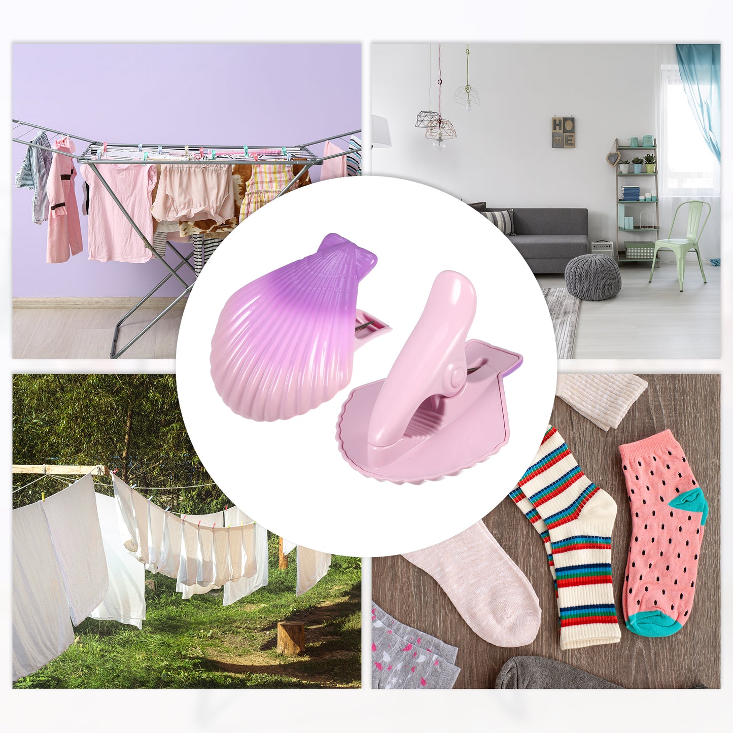 Shell ABS Metal Clothespins for Clothes Craft Pictures 4 Pcs Set Purple