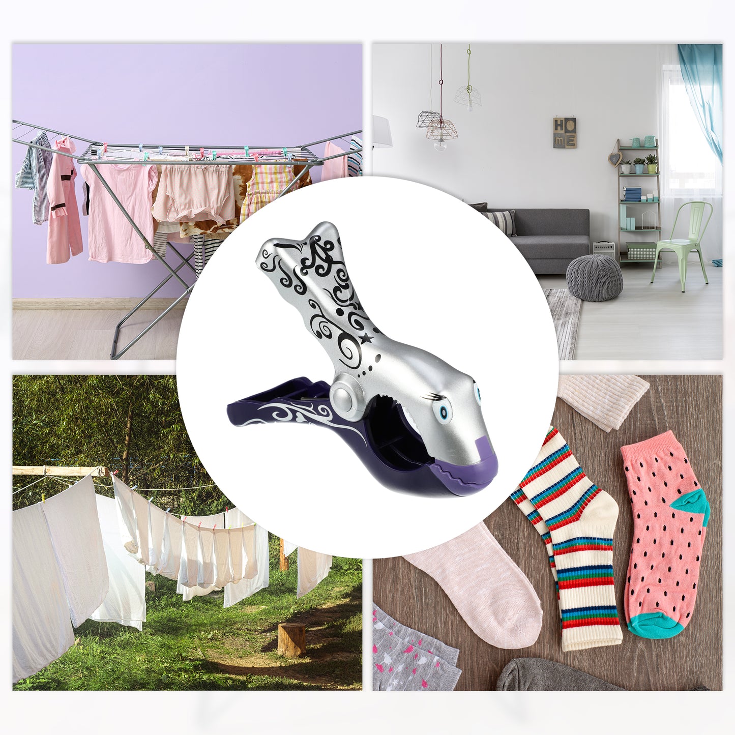 Clownfish ABS Metal Clothespins for Clothes 4.53"x3.39"x1.50" 4 Pcs Purple Silver Tone