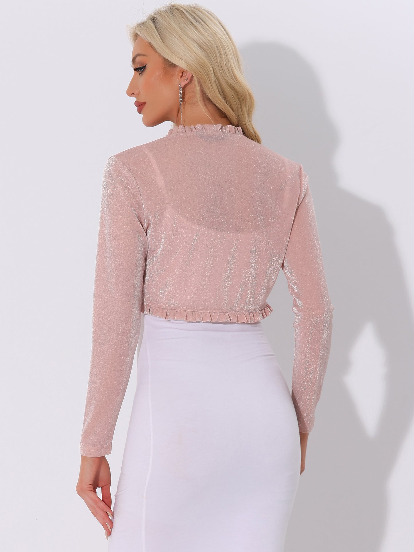 Women's Long Sleeve Glitter Crop Ruffle Bolero Party Shrug