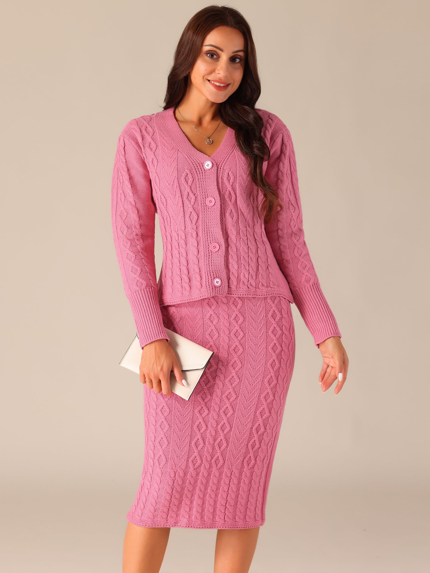 Womens' Fall Winter Sweater V Neck Cardigan Two Piece Midi Skirt Casual Lounge Set