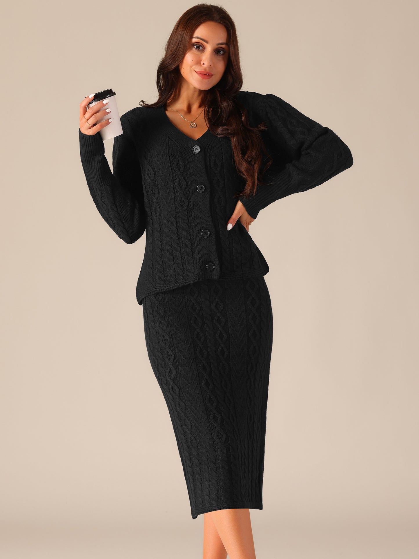 Womens' Fall Winter Sweater V Neck Cardigan Two Piece Midi Skirt Casual Lounge Set