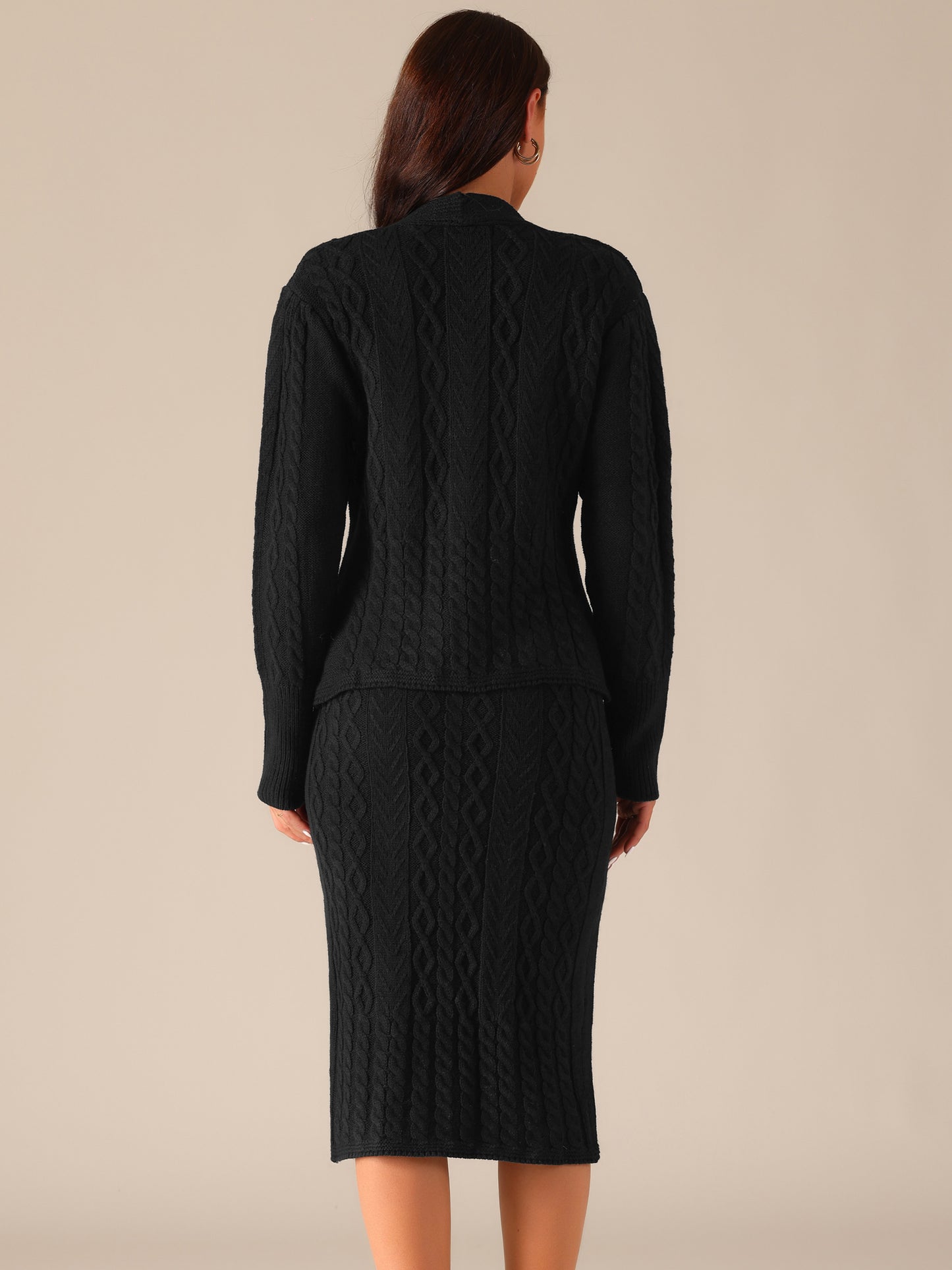 Womens' Fall Winter Sweater V Neck Cardigan Two Piece Midi Skirt Casual Lounge Set
