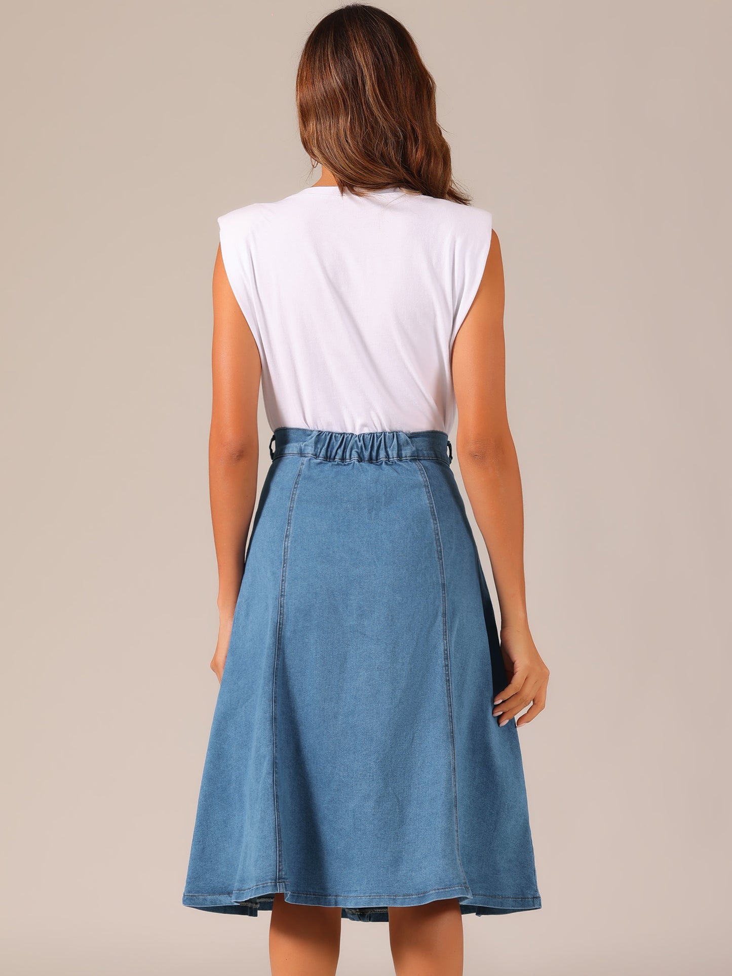 Womens' Summer Denim Skirt High Waist Buttons Front A-Line Flowy Midi Skirts with Pockets