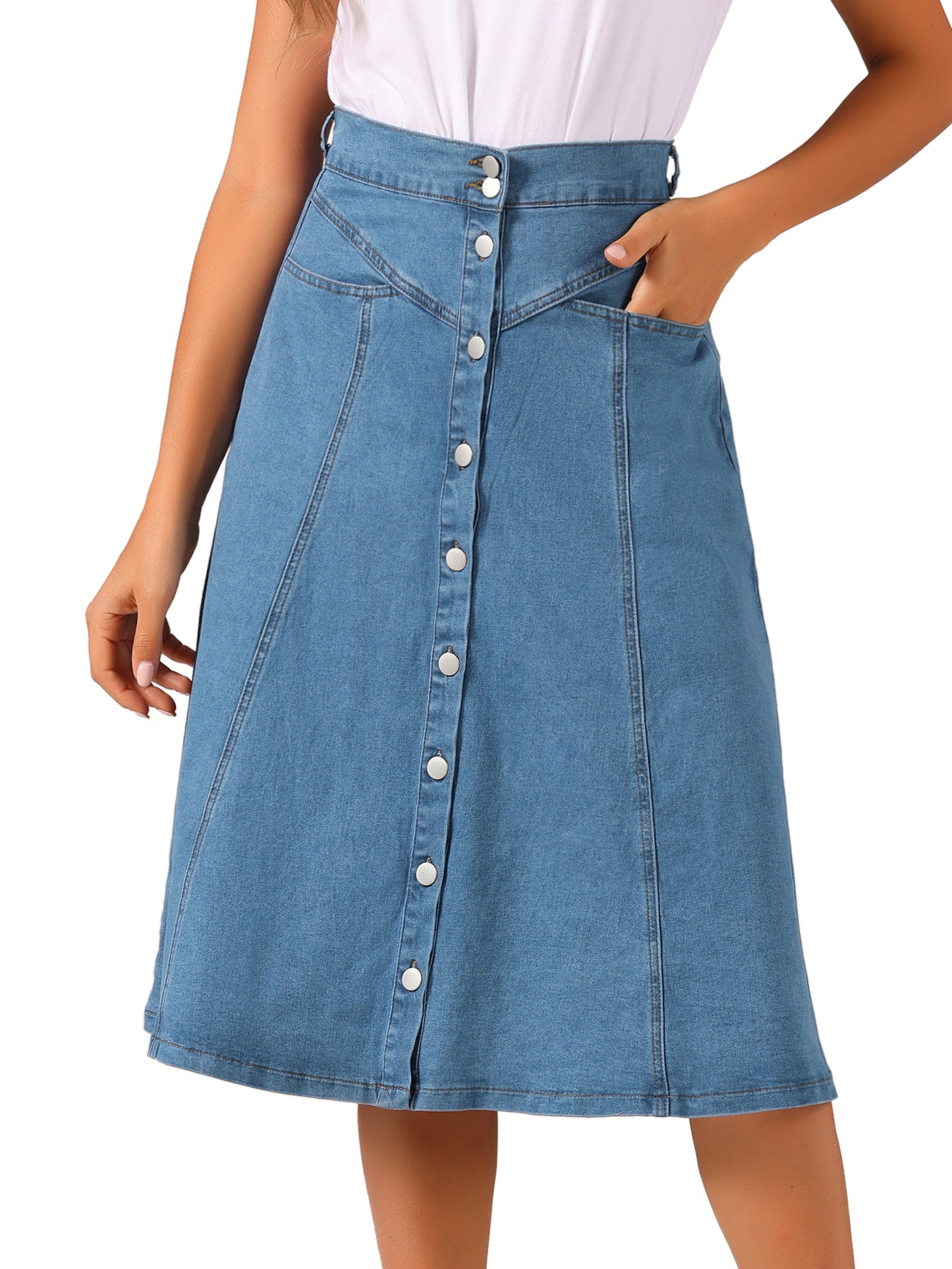 Womens' Summer Denim Skirt High Waist Buttons Front A-Line Flowy Midi Skirts with Pockets
