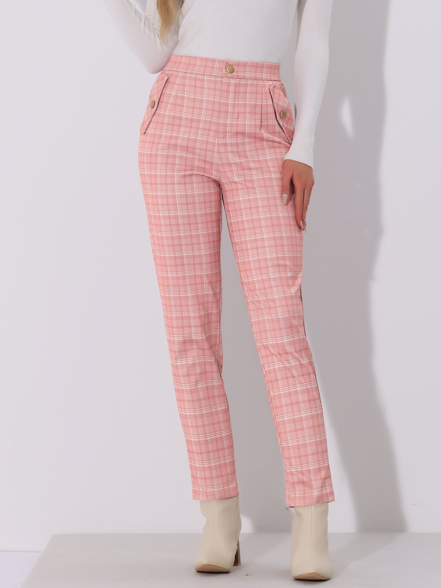 Women's Retro Tartan Plaid Pants Elastic Waist Straight Long Trousers