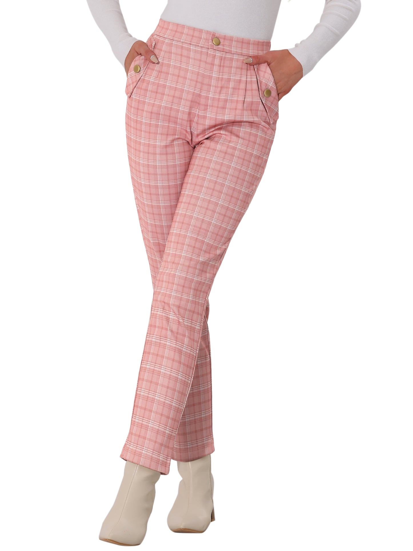 Women's Retro Tartan Plaid Pants Elastic Waist Straight Long Trousers