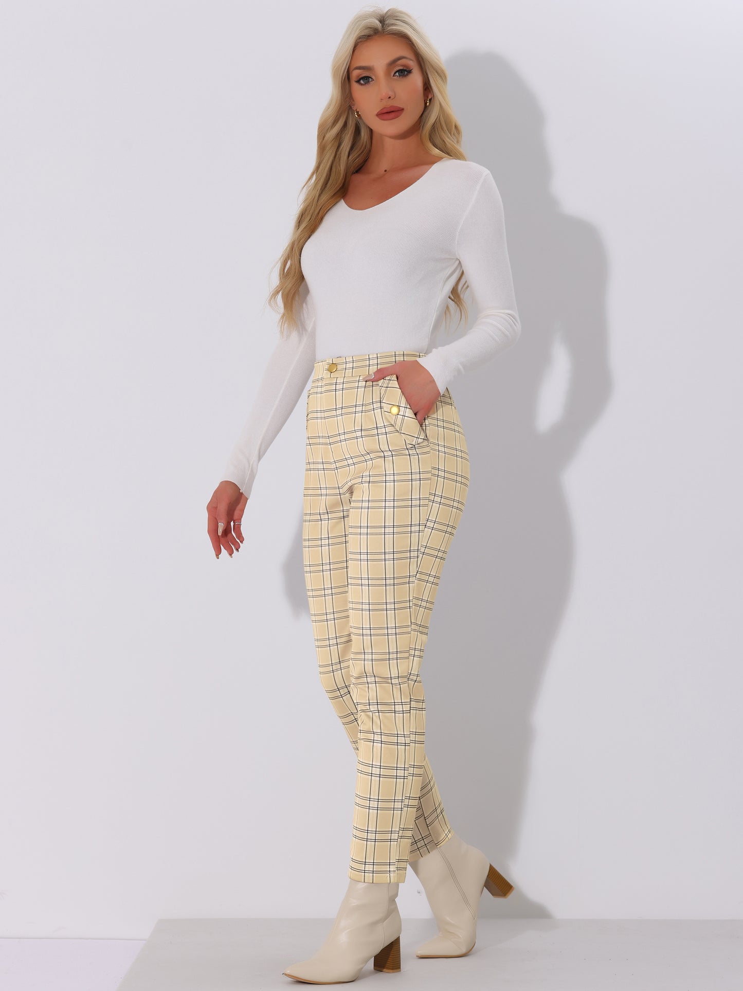 Women's Retro Tartan Plaid Pants Elastic Waist Straight Long Trousers