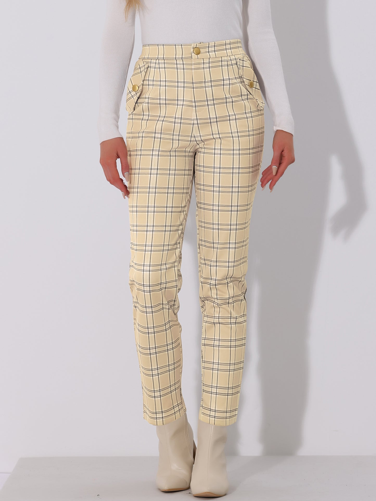 Women's Retro Tartan Plaid Pants Elastic Waist Straight Long Trousers