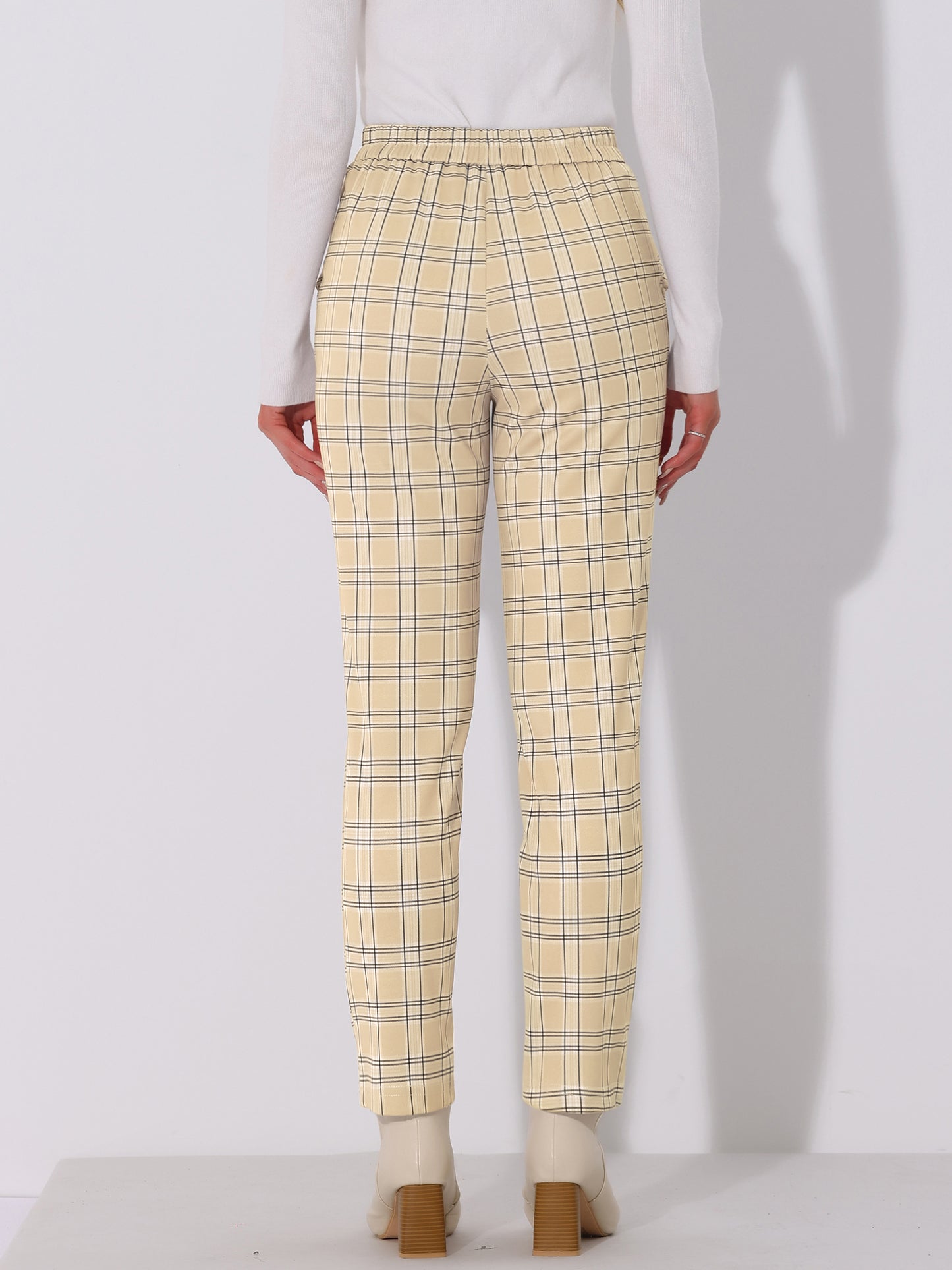 Women's Retro Tartan Plaid Pants Elastic Waist Straight Long Trousers