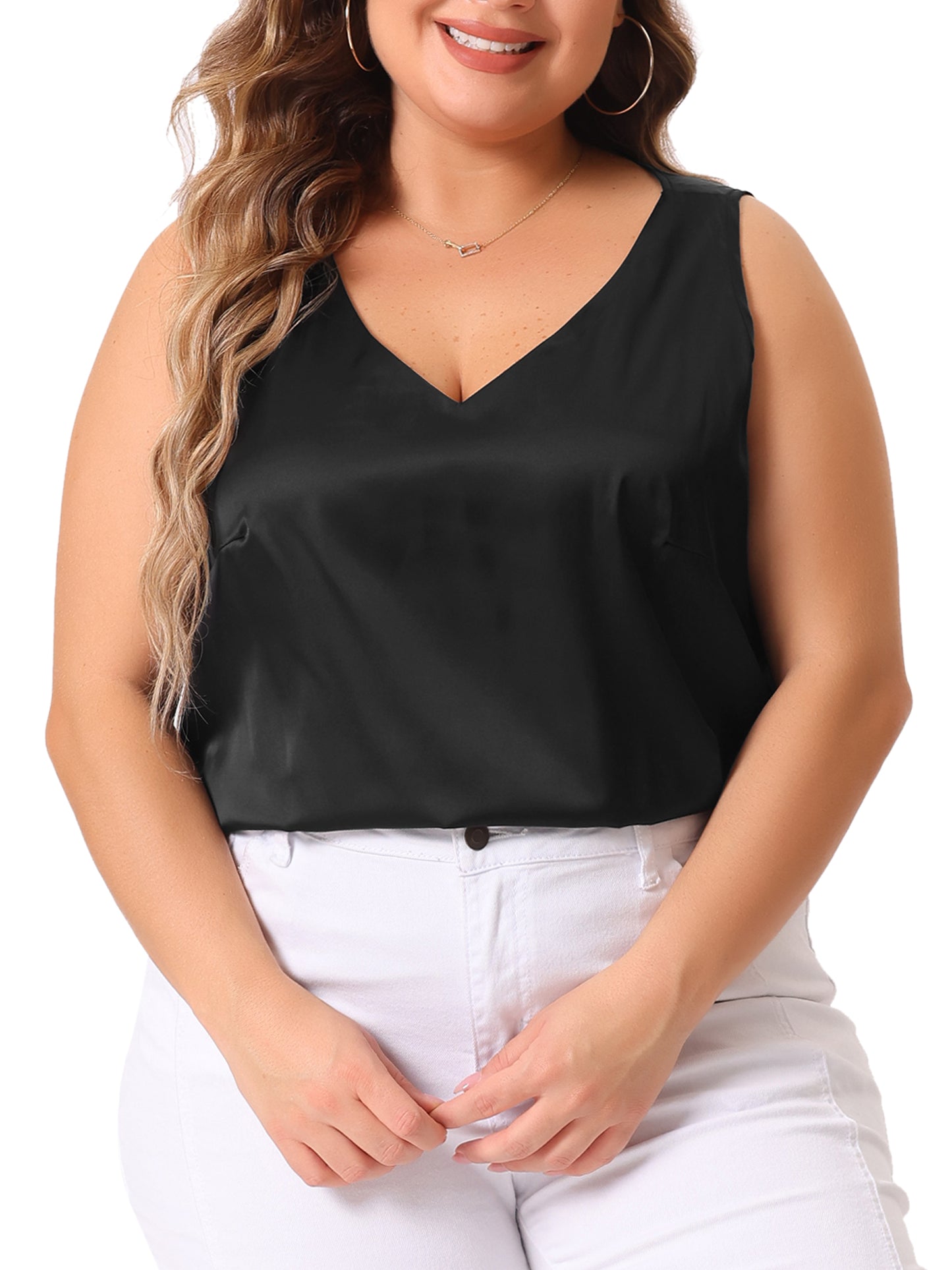 Women Plus Size Satin Tank Tops V Neck Casual Sleeveless Summer Basic Tank