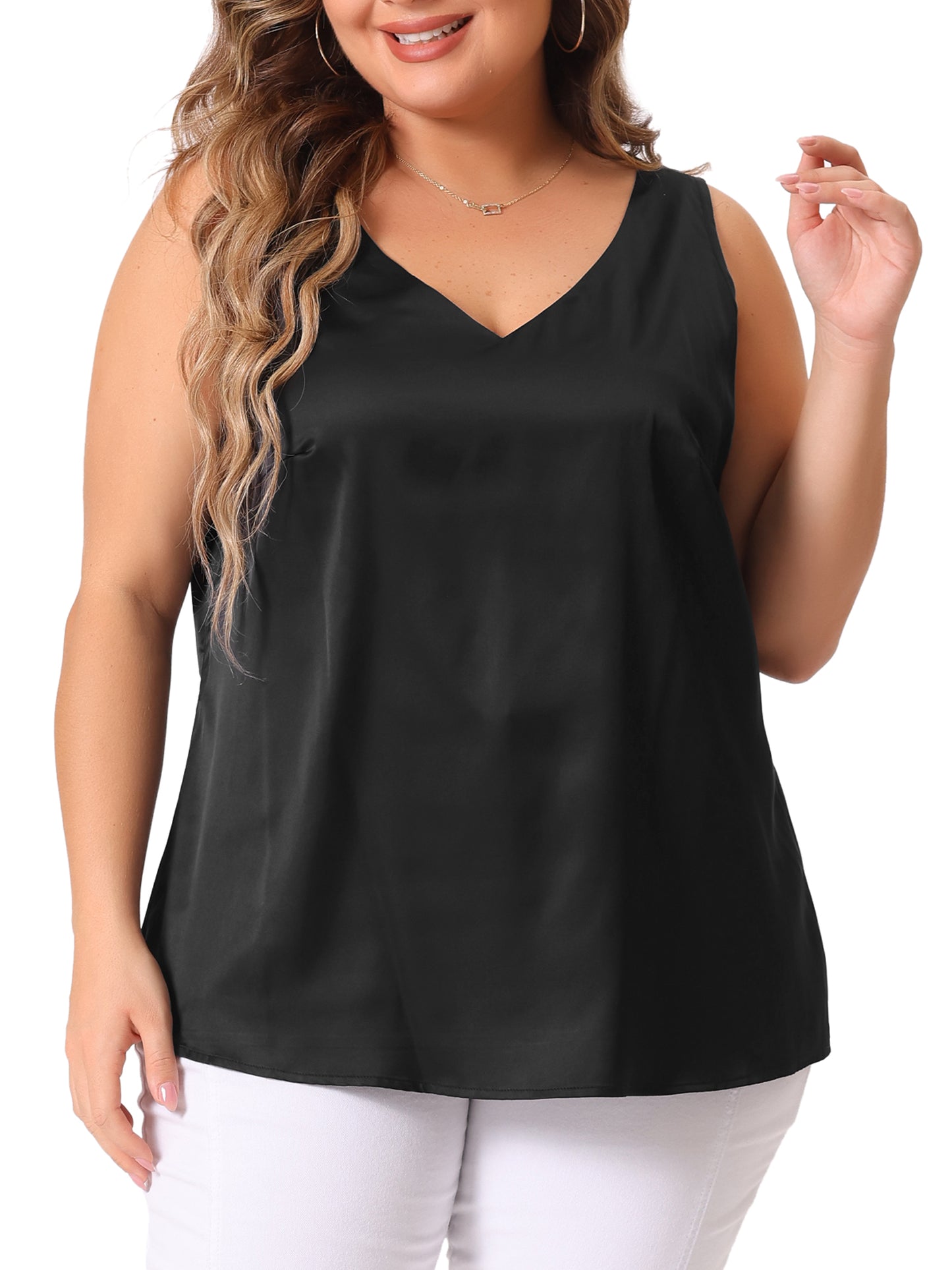 Women Plus Size Satin Tank Tops V Neck Casual Sleeveless Summer Basic Tank