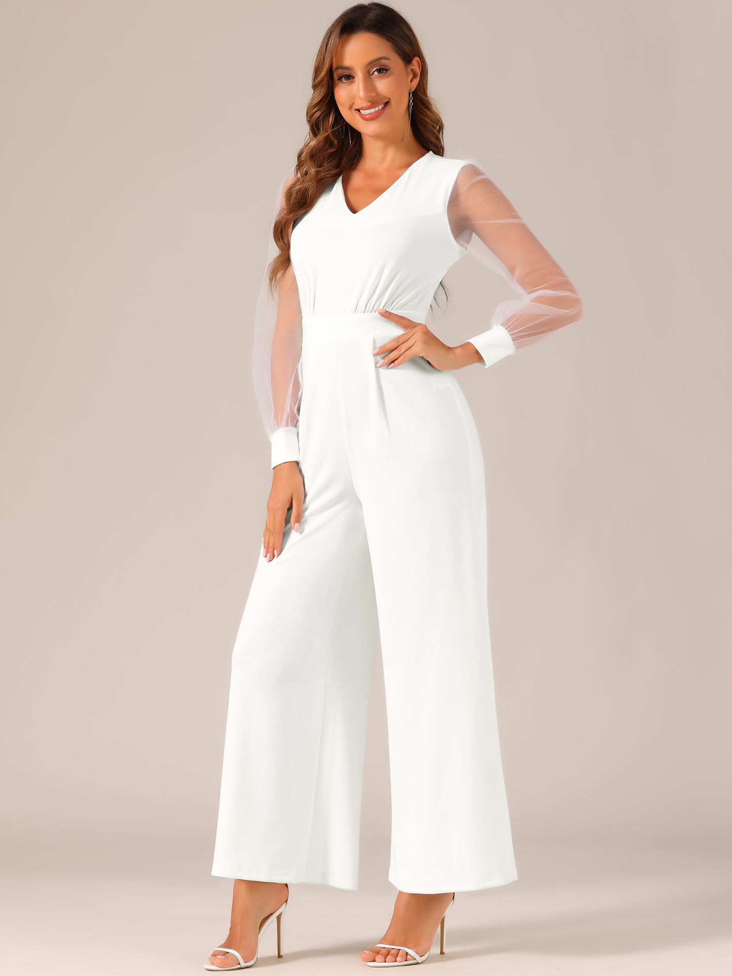 Women's Elegant V Neck Mesh Long Sleeve Loose Wide Leg Romper Cocktail Jumpsuits