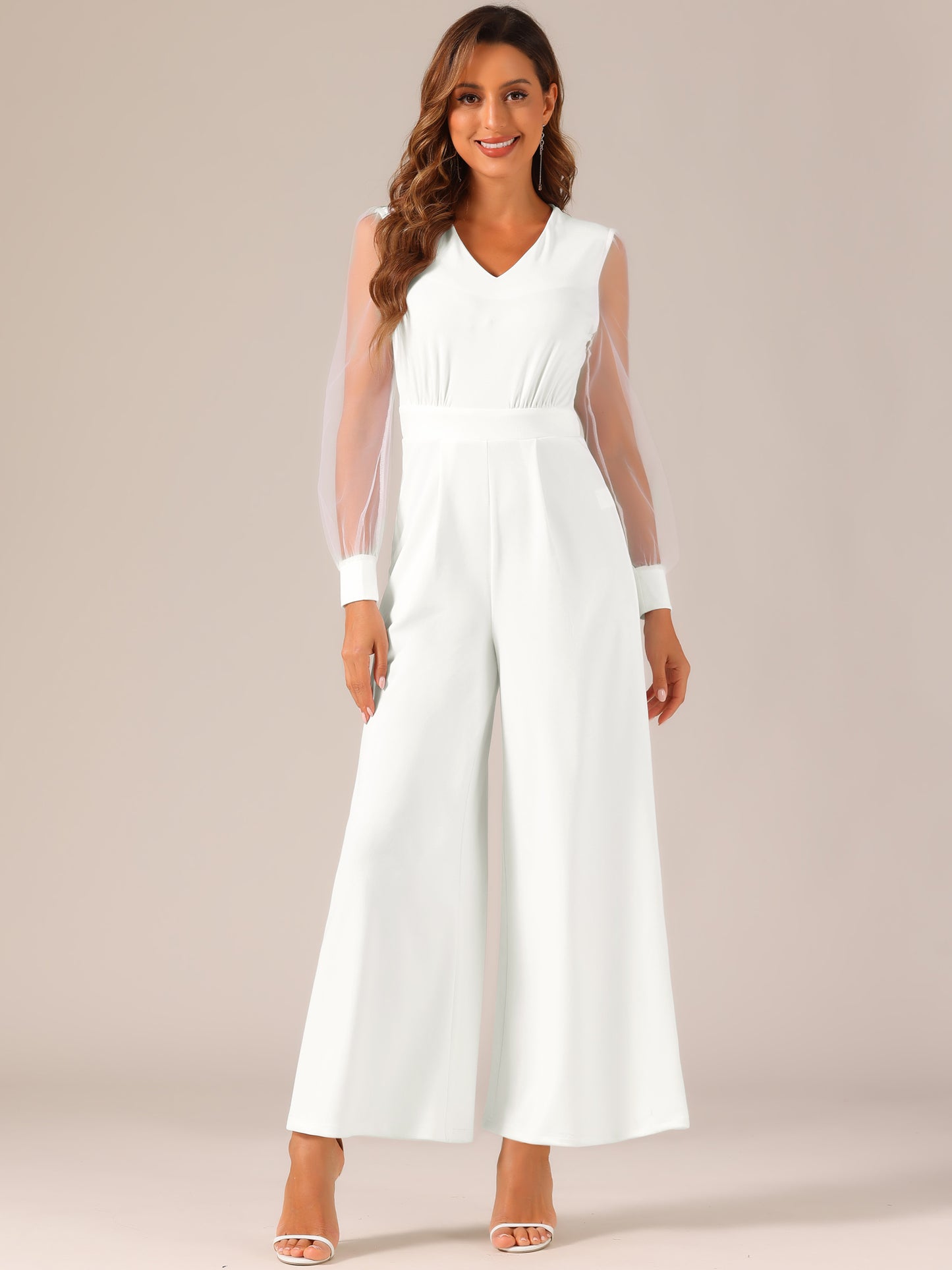 Women's Elegant V Neck Mesh Long Sleeve Loose Wide Leg Romper Cocktail Jumpsuits