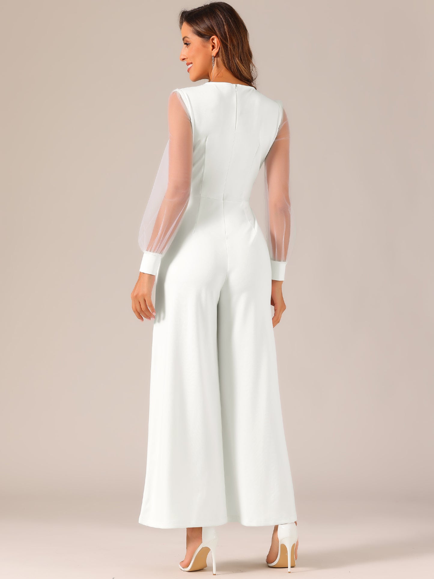 Women's Elegant V Neck Mesh Long Sleeve Loose Wide Leg Romper Cocktail Jumpsuits