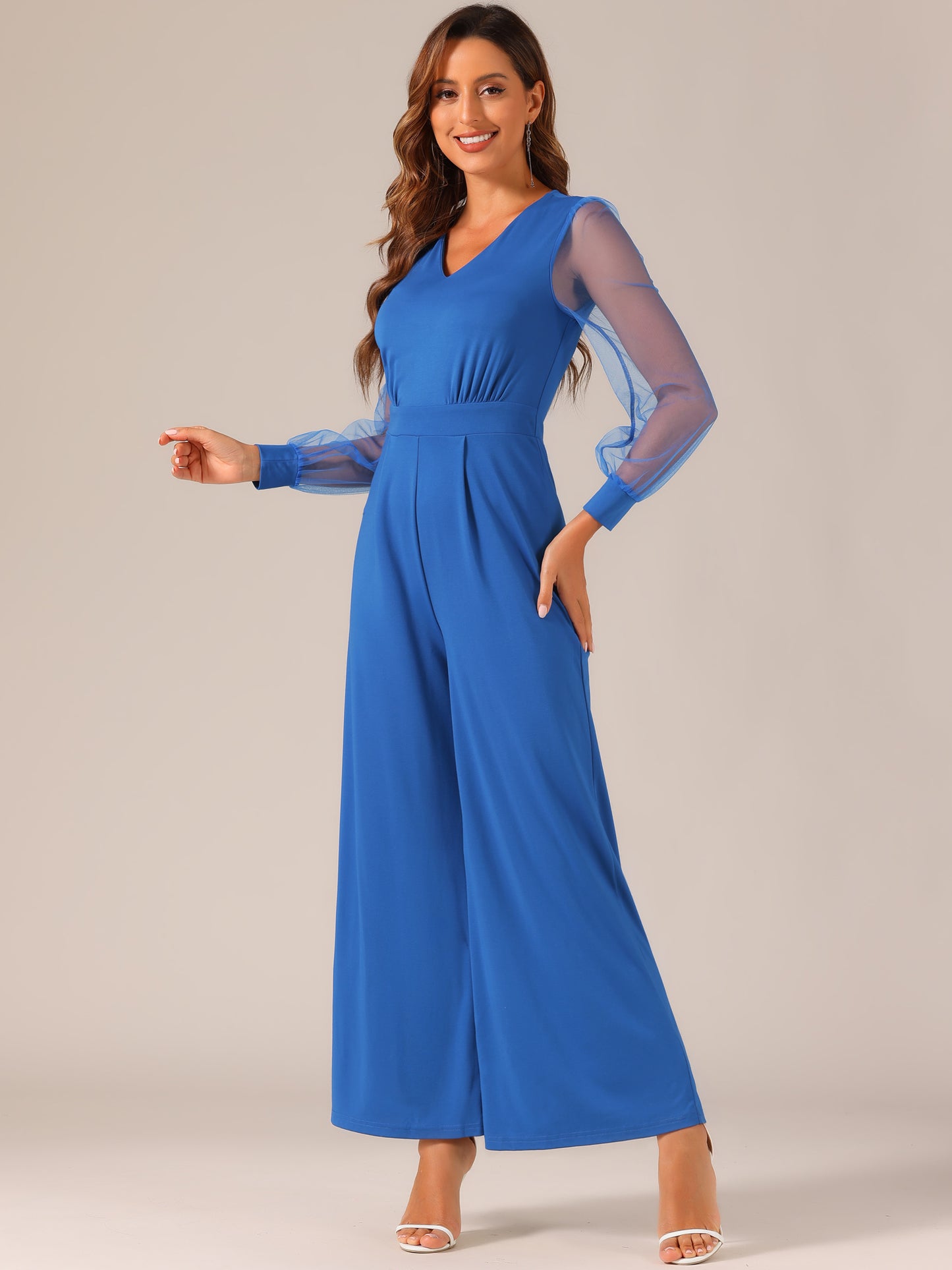 Women's Elegant V Neck Mesh Long Sleeve Loose Wide Leg Romper Cocktail Jumpsuits