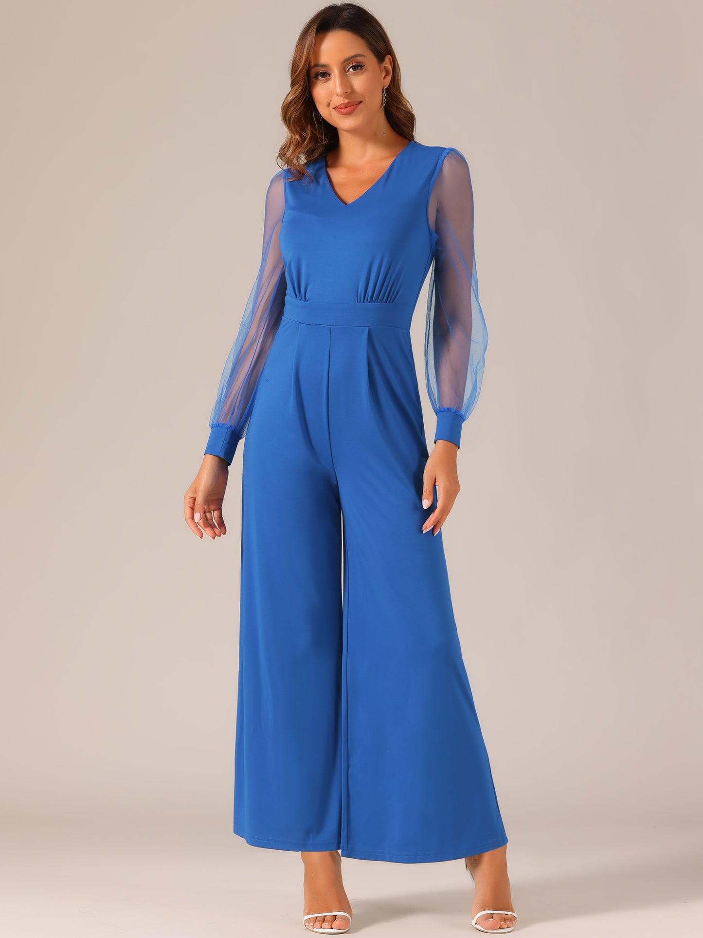 Women's Elegant V Neck Mesh Long Sleeve Loose Wide Leg Romper Cocktail Jumpsuits