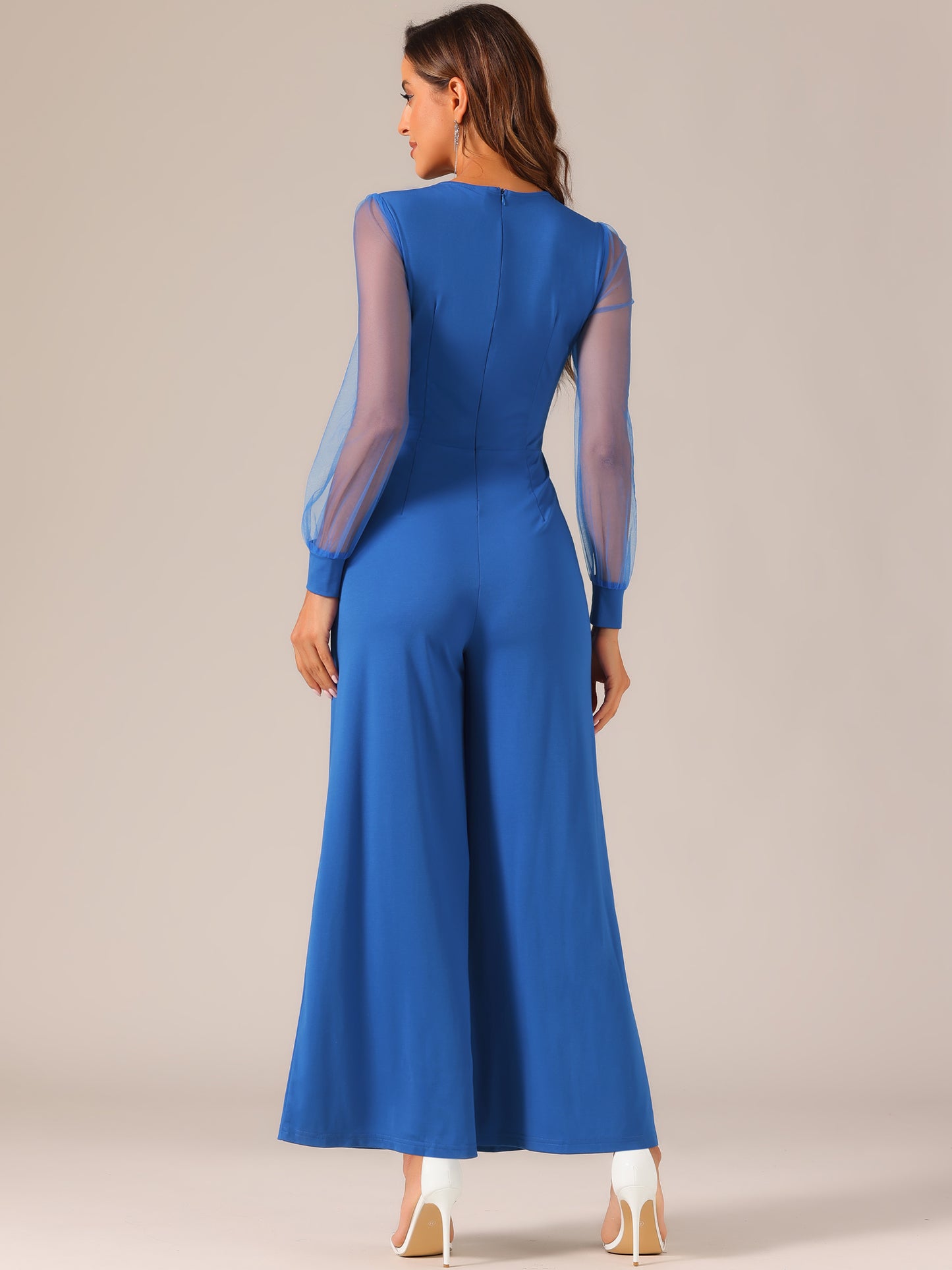 Women's Elegant V Neck Mesh Long Sleeve Loose Wide Leg Romper Cocktail Jumpsuits