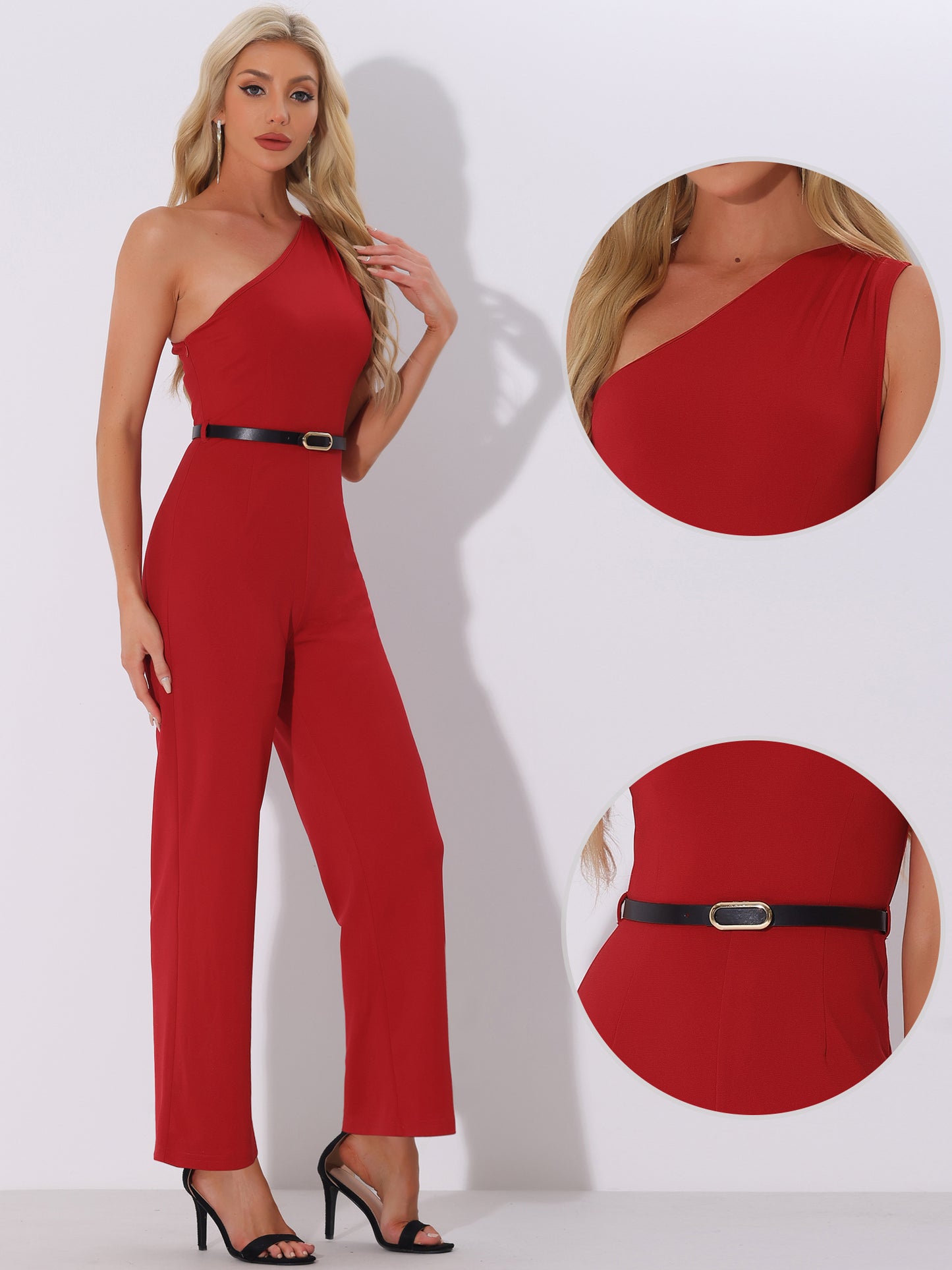 Women's Elegant Office Jumpsuit Dressy One Shoulder Belted Wide Leg Pants