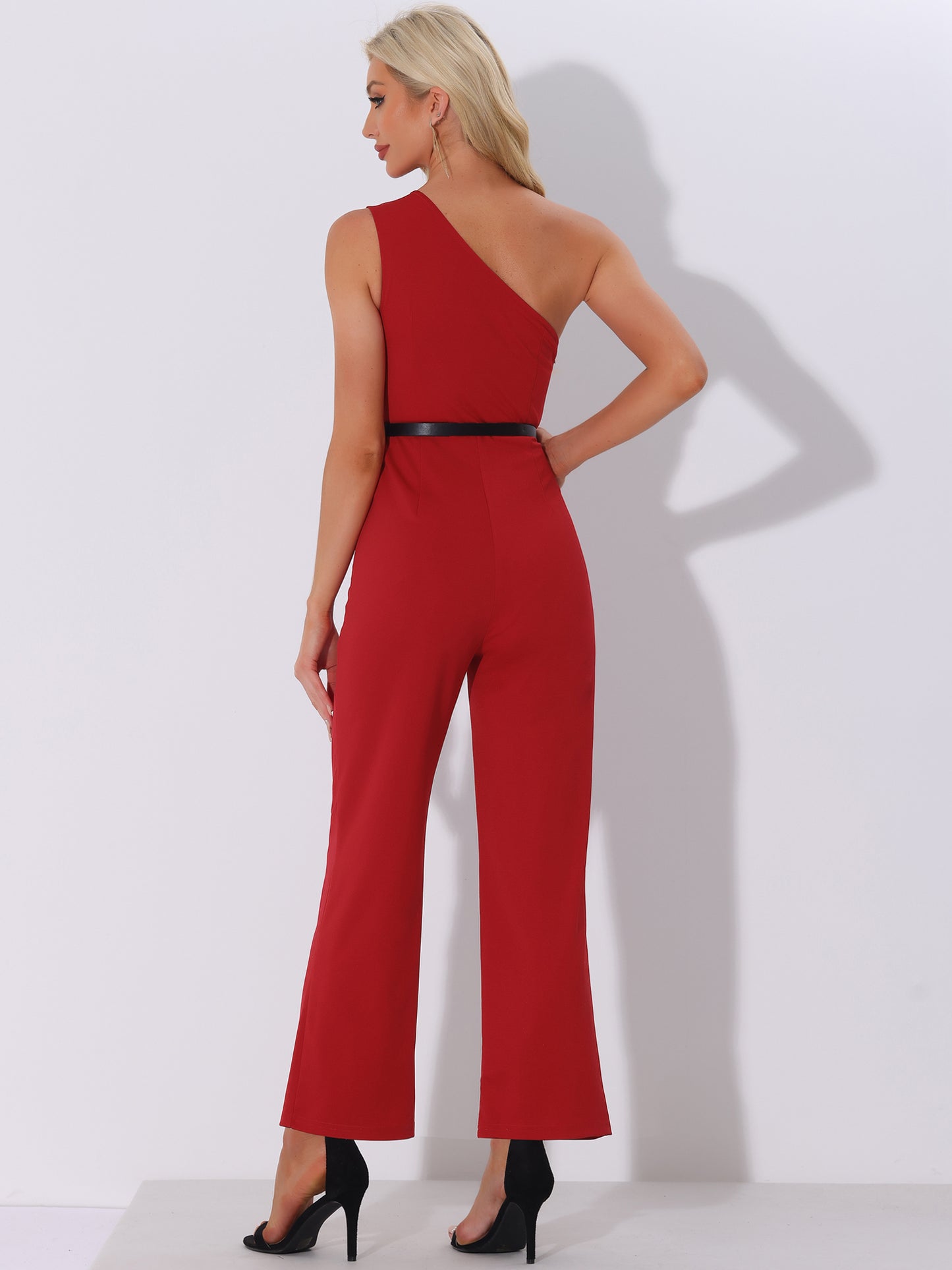 Women's Elegant Office Jumpsuit Dressy One Shoulder Belted Wide Leg Pants