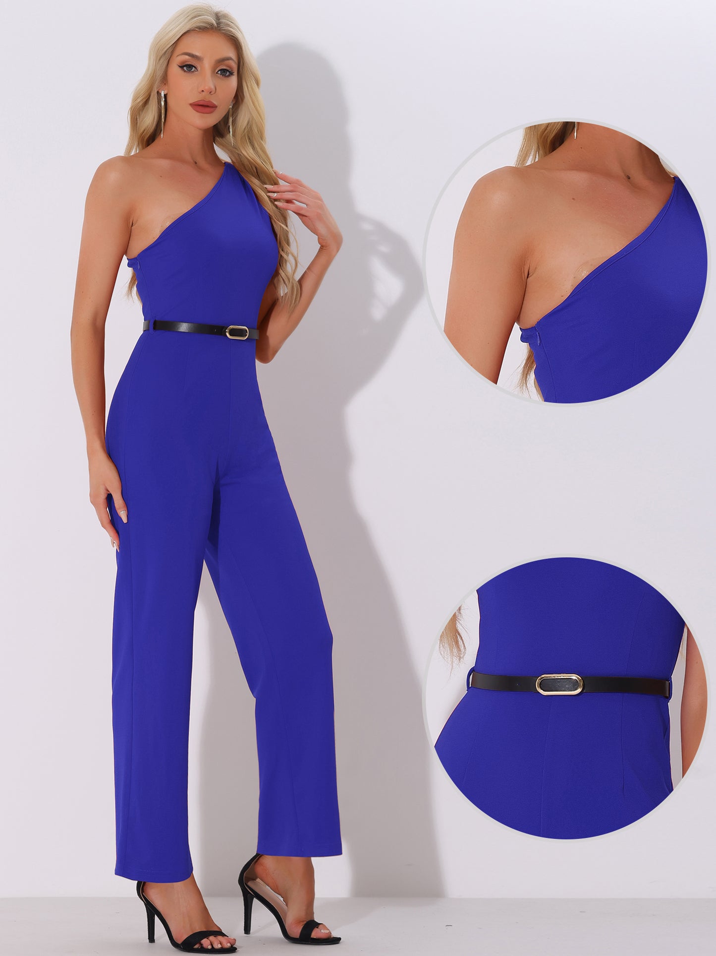 Women's Elegant Office Jumpsuit Dressy One Shoulder Belted Wide Leg Pants