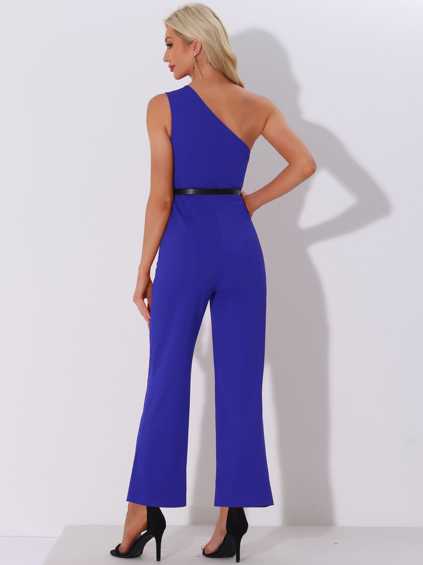 Women's Elegant Office Jumpsuit Dressy One Shoulder Belted Wide Leg Pants
