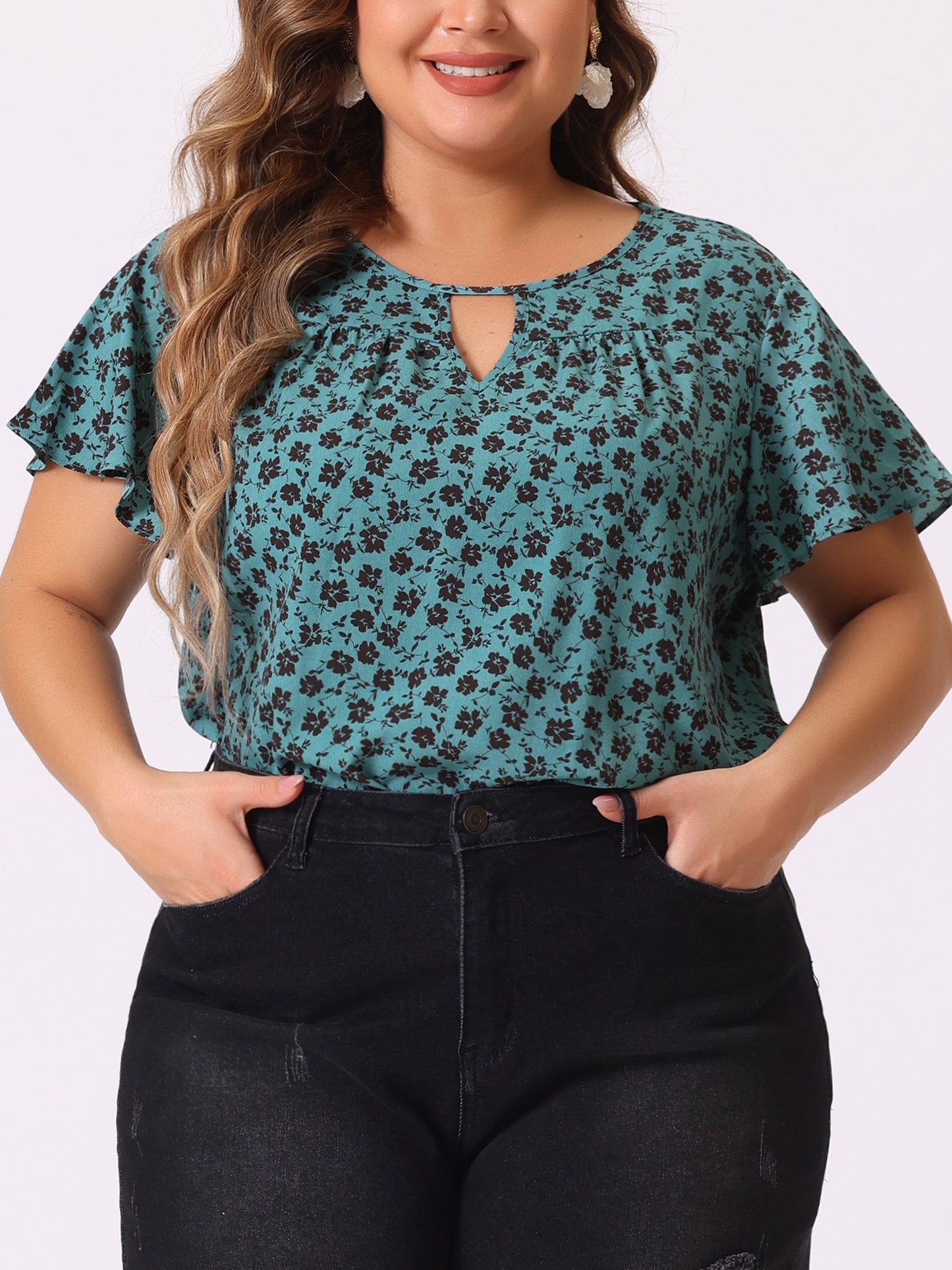 Women's Plus Size Blouses Summer Ruffle Short Sleeve Shirts Keyhole Chiffon Top