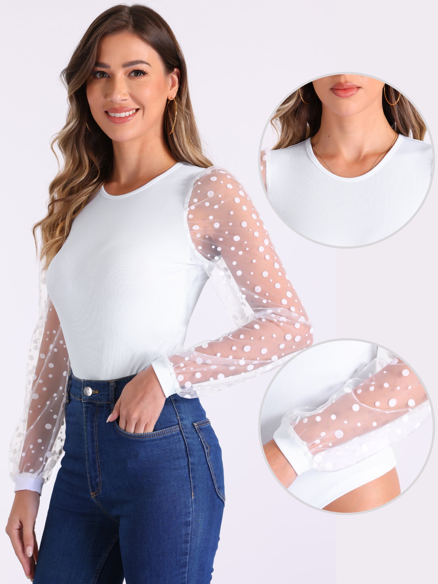 Women's Polka Dot Sheer Mesh Long Sleeve Ribbed Blouses Crew Neck Bodysuit