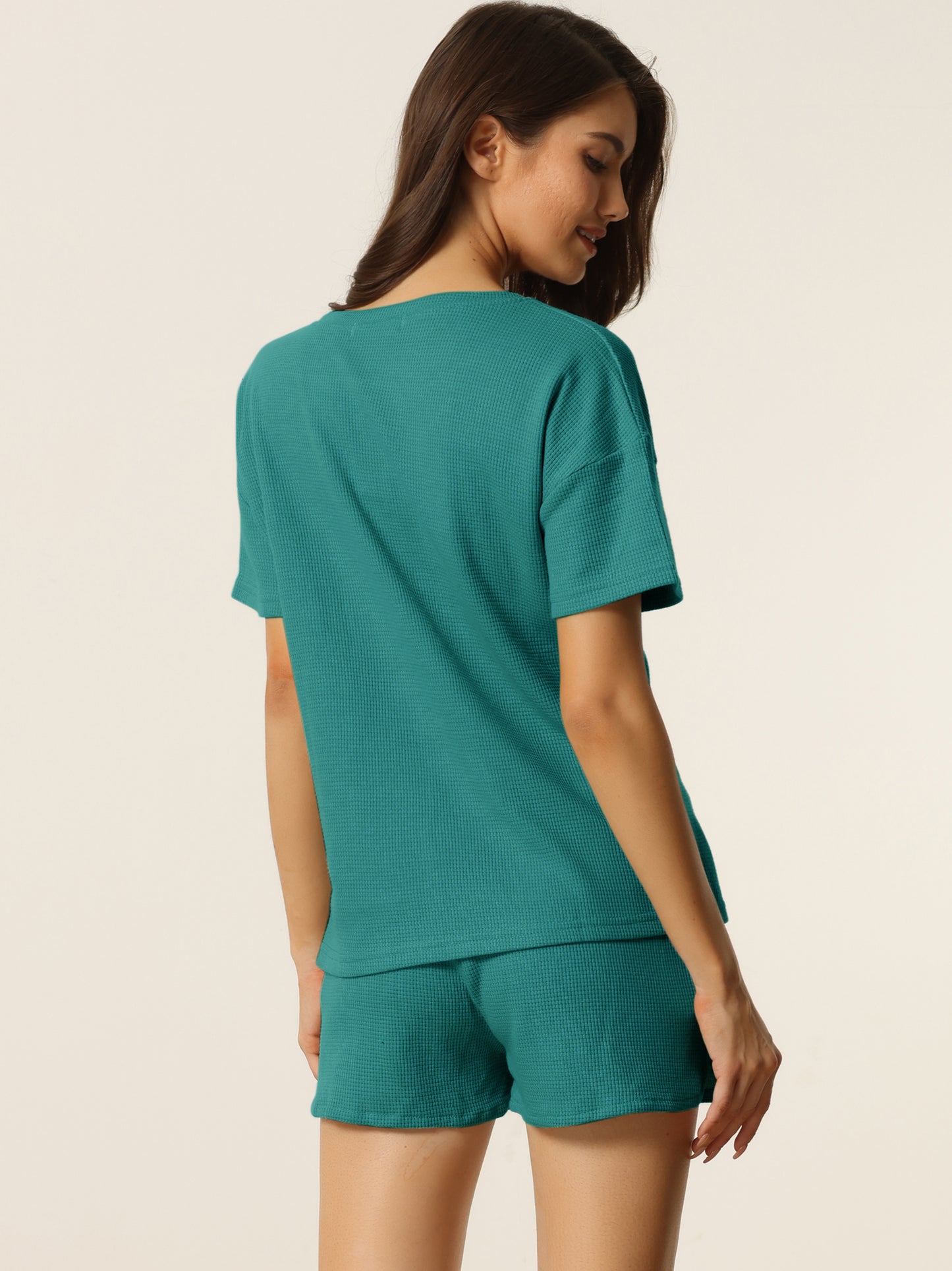 Women's Lounge Set with Pockets Waffle Outfits T-shirt and Shorts Loungewear Sweatsuit