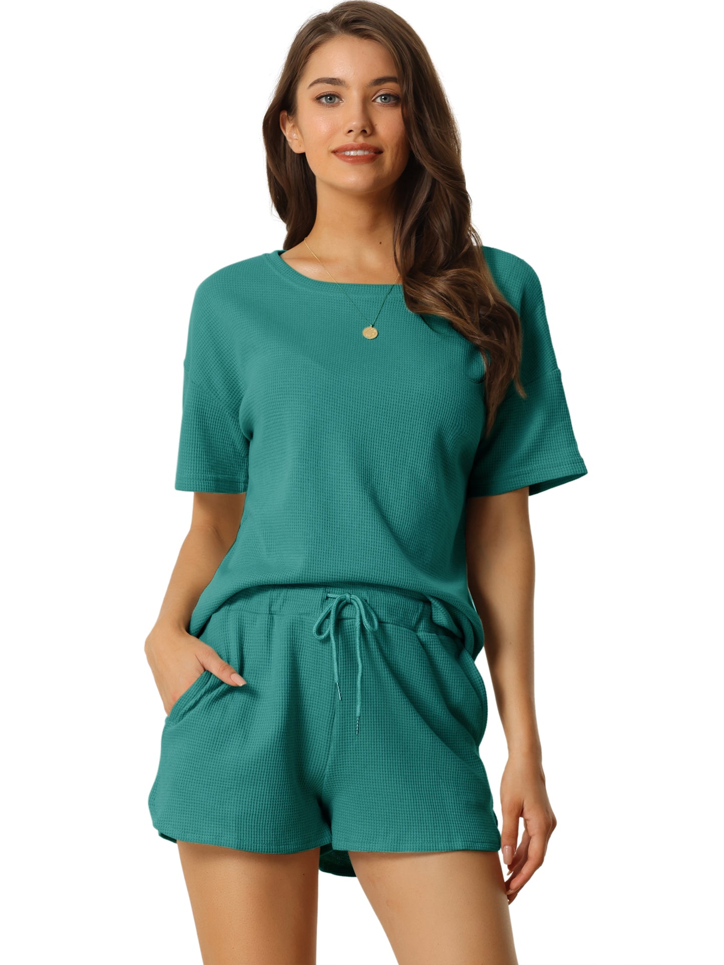 Women's Lounge Set with Pockets Waffle Outfits T-shirt and Shorts Loungewear Sweatsuit
