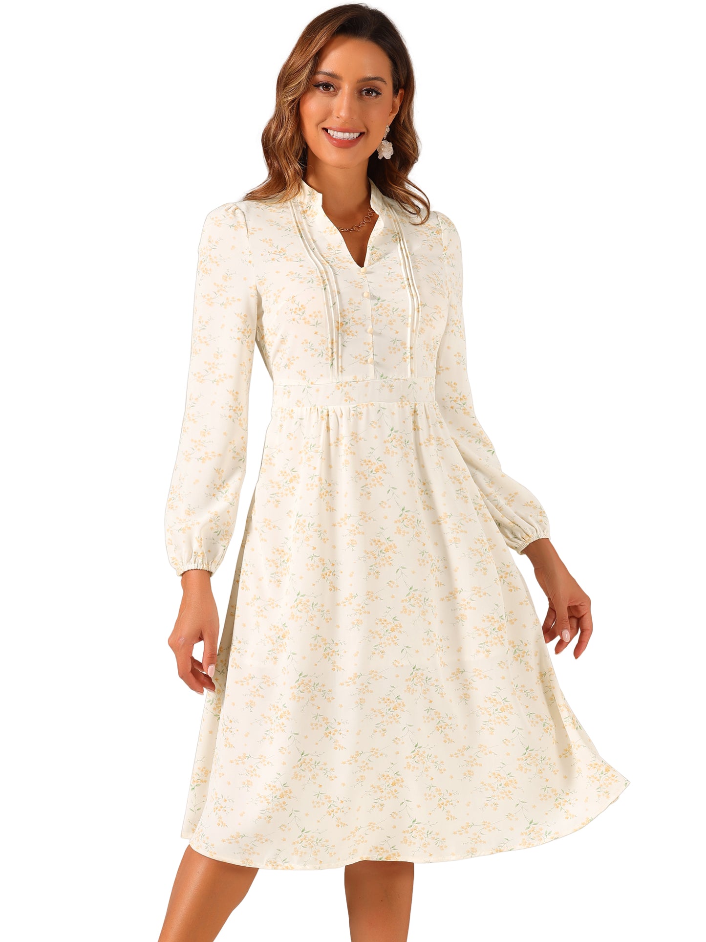 Women's Floral Print V Neck Long Sleeve High Waist Pleated Front Spring Flowy Midi Boho Dress