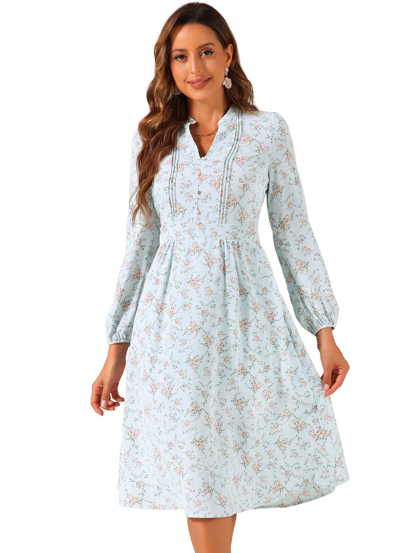 Women's Floral Print V Neck Long Sleeve High Waist Pleated Front Spring Flowy Midi Boho Dress
