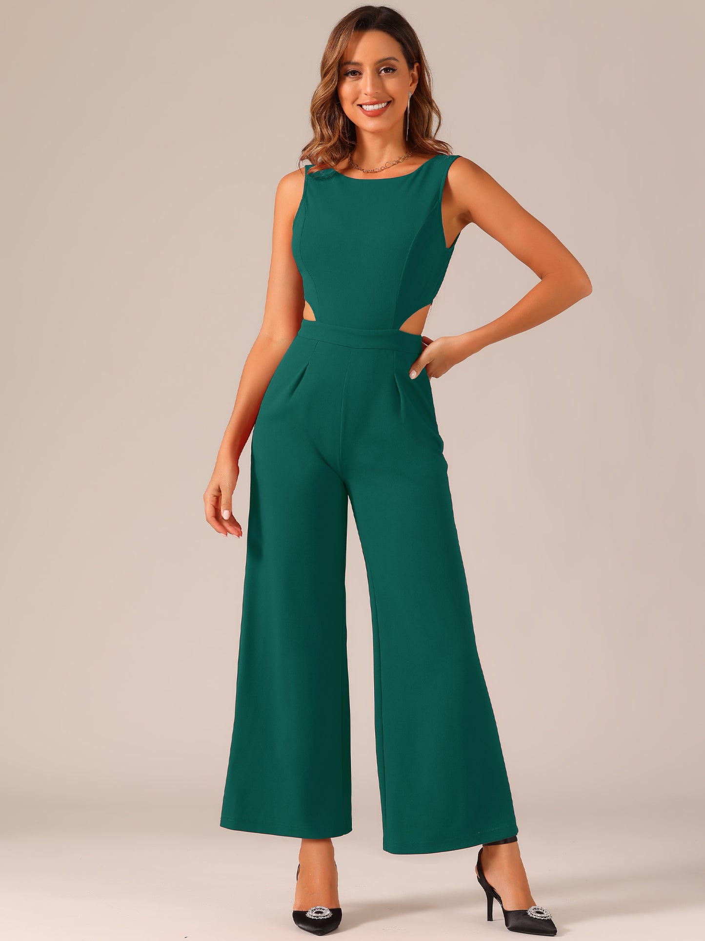 Women's Summer Jumpsuit Sleeveless Backless Cutout High Waist Wide Leg Jumpsuits