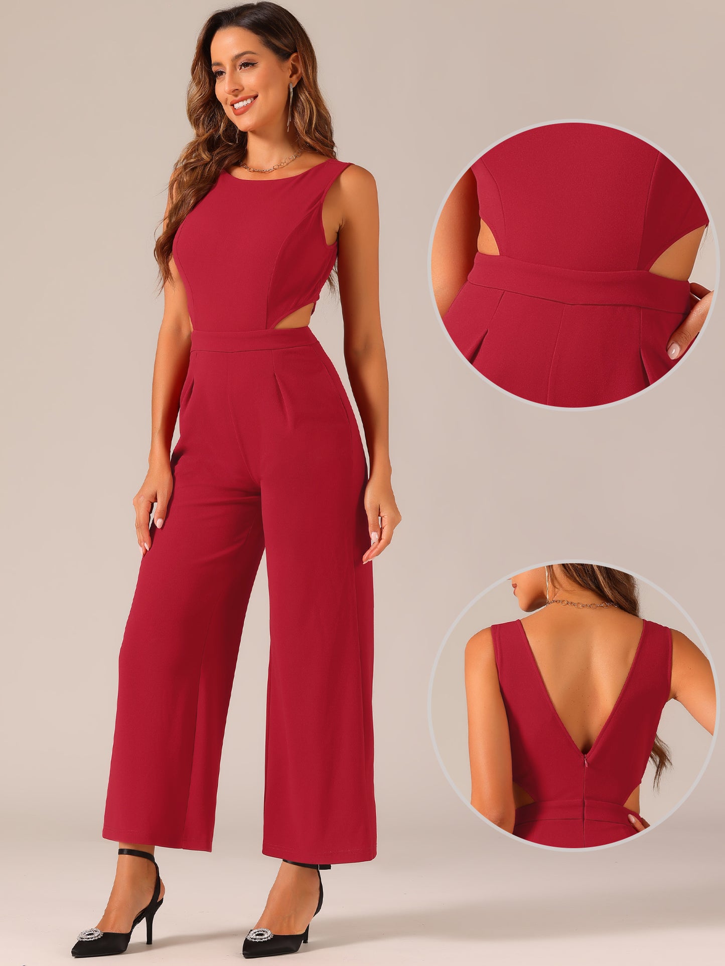 Women's Summer Jumpsuit Sleeveless Backless Cutout High Waist Wide Leg Jumpsuits