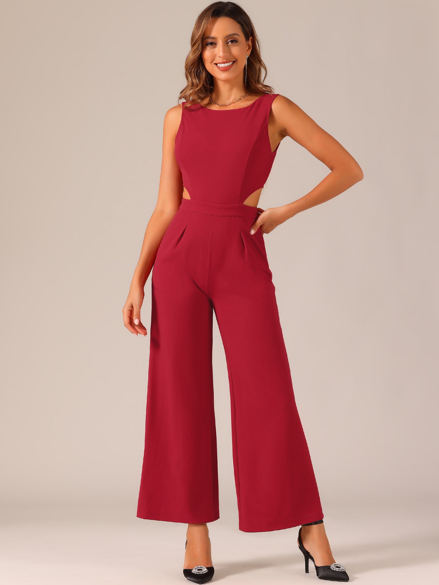 Women's Summer Jumpsuit Sleeveless Backless Cutout High Waist Wide Leg Jumpsuits