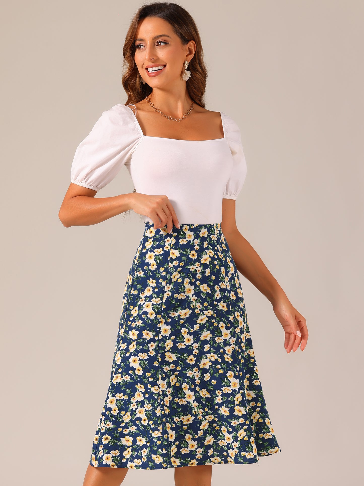 Women's Floral Midi Skirt Peasant Elastic Waist A-Line Ditsy Printed Skirts
