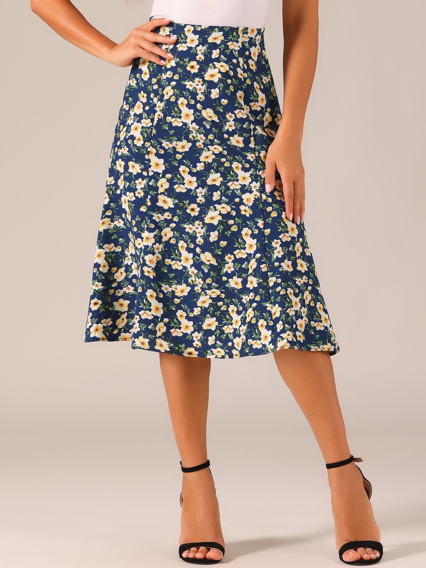 Women's Floral Midi Skirt Peasant Elastic Waist A-Line Ditsy Printed Skirts