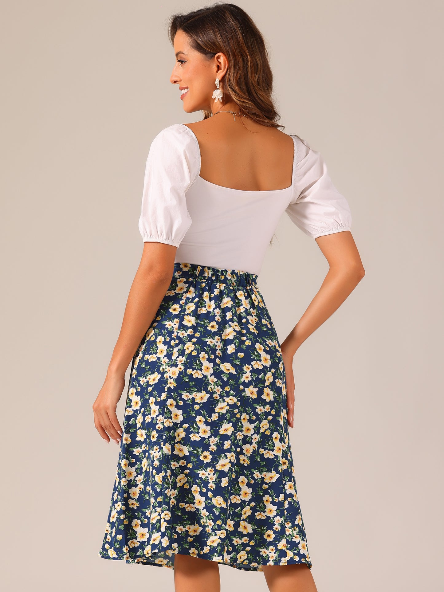 Women's Floral Midi Skirt Peasant Elastic Waist A-Line Ditsy Printed Skirts