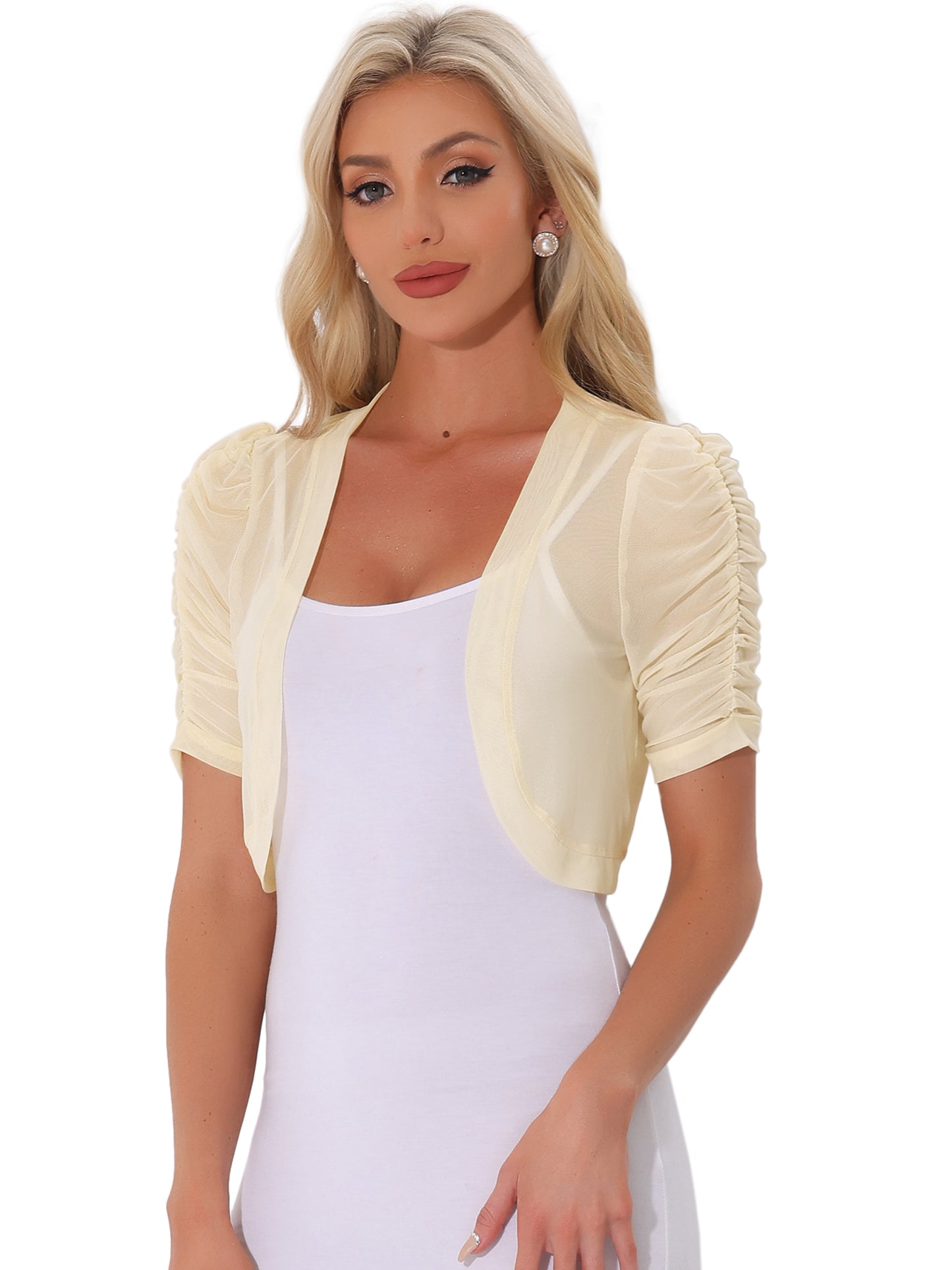 Women's Open Front Cropped Cardigan Bolero Casual Short Sleeve Mesh Sheer Shrug