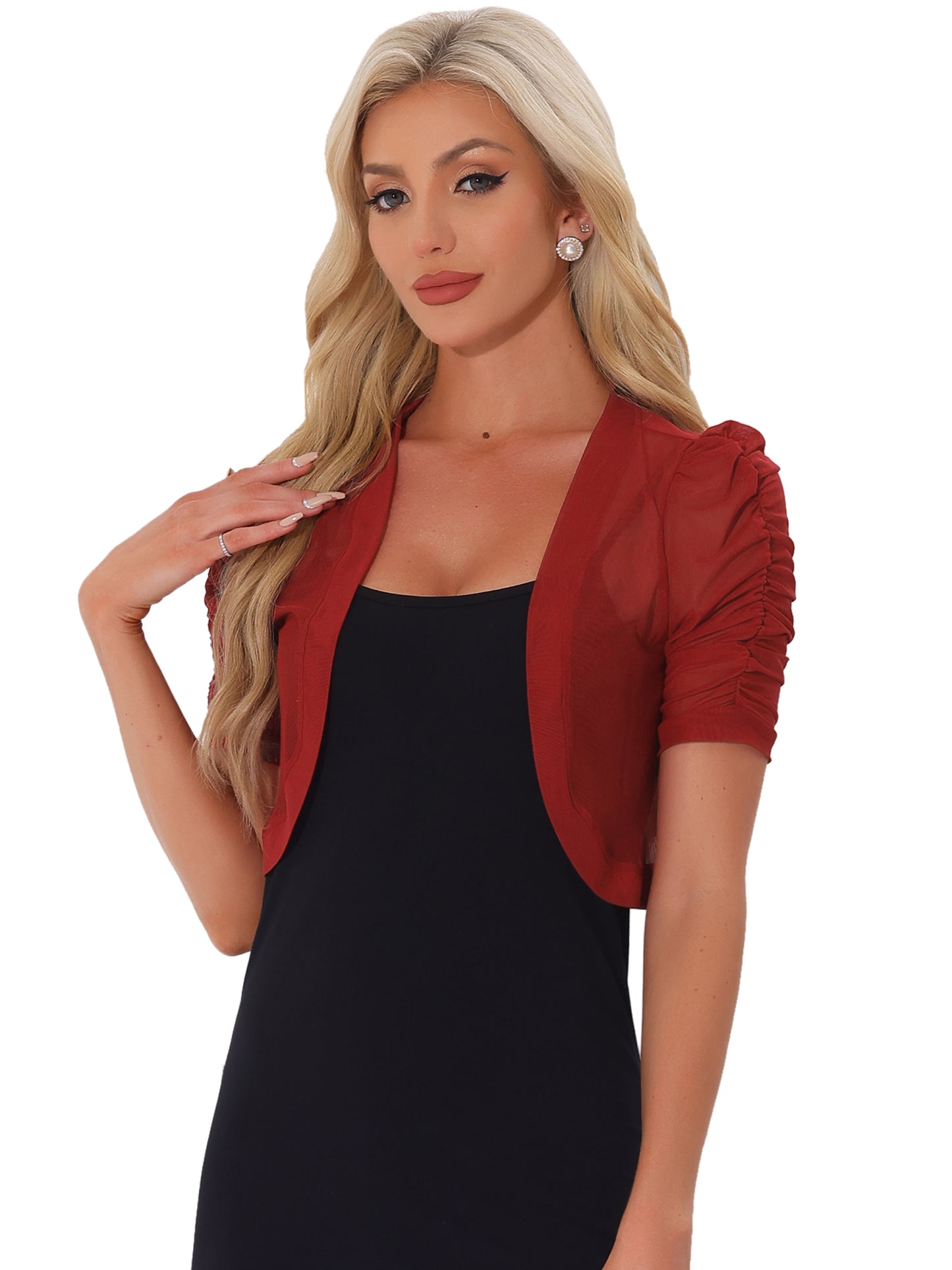 Women's Open Front Cropped Cardigan Bolero Casual Short Sleeve Mesh Sheer Shrug
