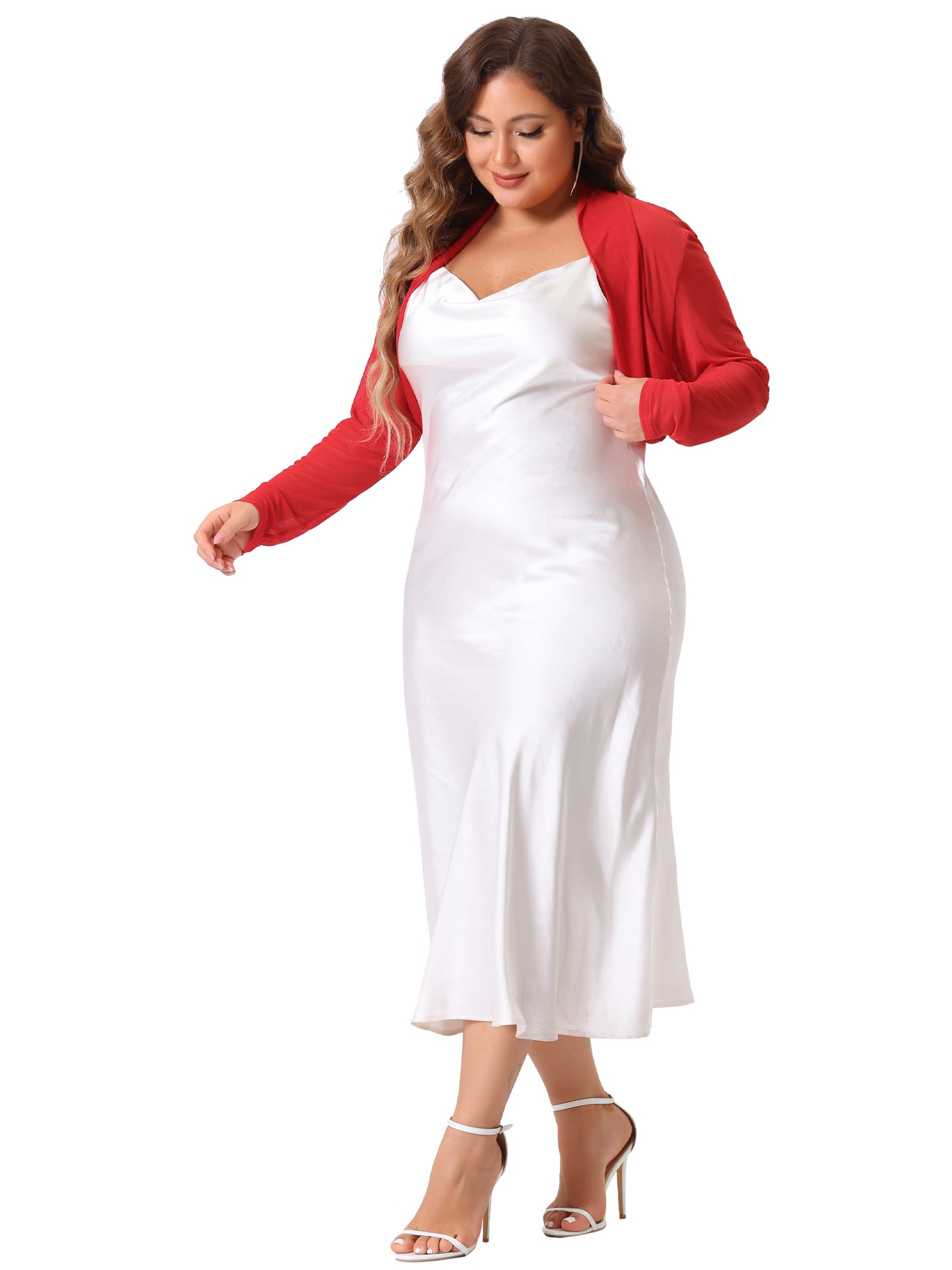 Women Plus Size Mesh Crop Cardigans Long Sleeve Open Front See Through Sheer Bolero Shrug Top