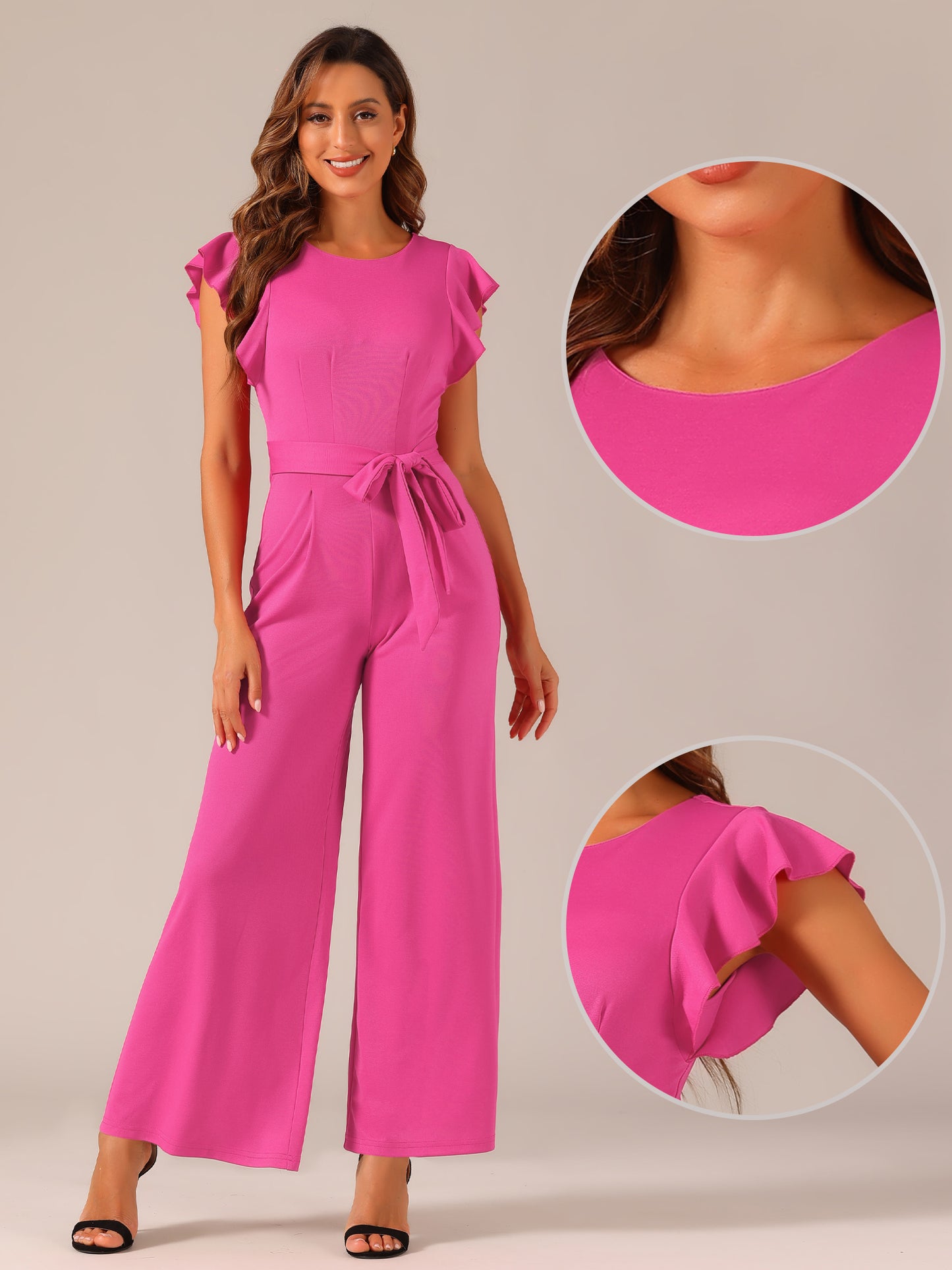 Women's Sleeveless Ruffle Jumpsuits High Waist Wide Legs Belted Elegant Office Romper
